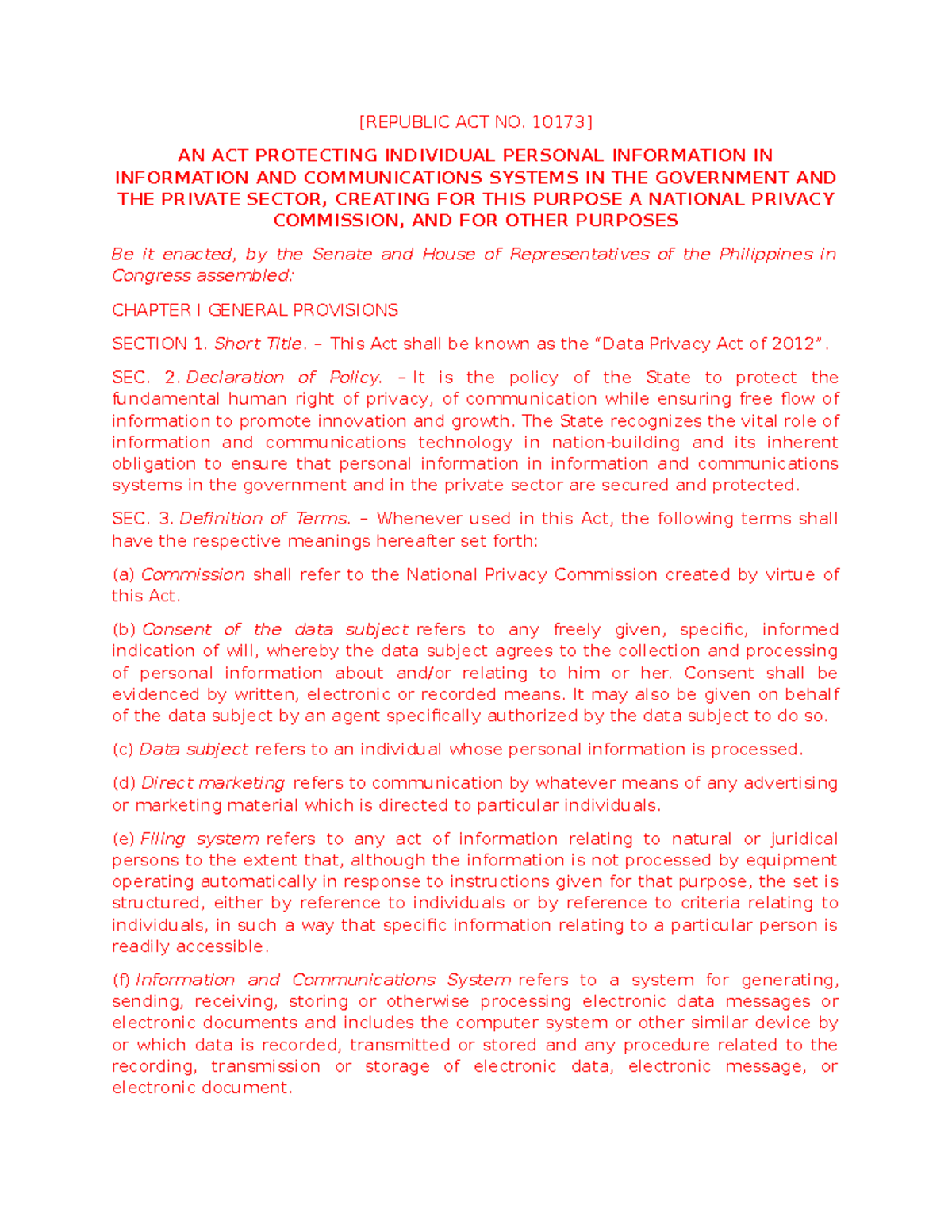 Data Privacy Act - Basic law - [REPUBLIC ACT NO. 10173] AN ACT ...