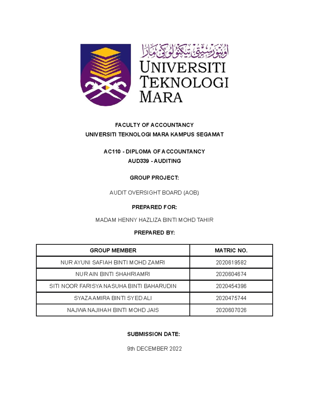 AUD339 Group Project: Impact and Analysis of the Audit Oversight Board ...