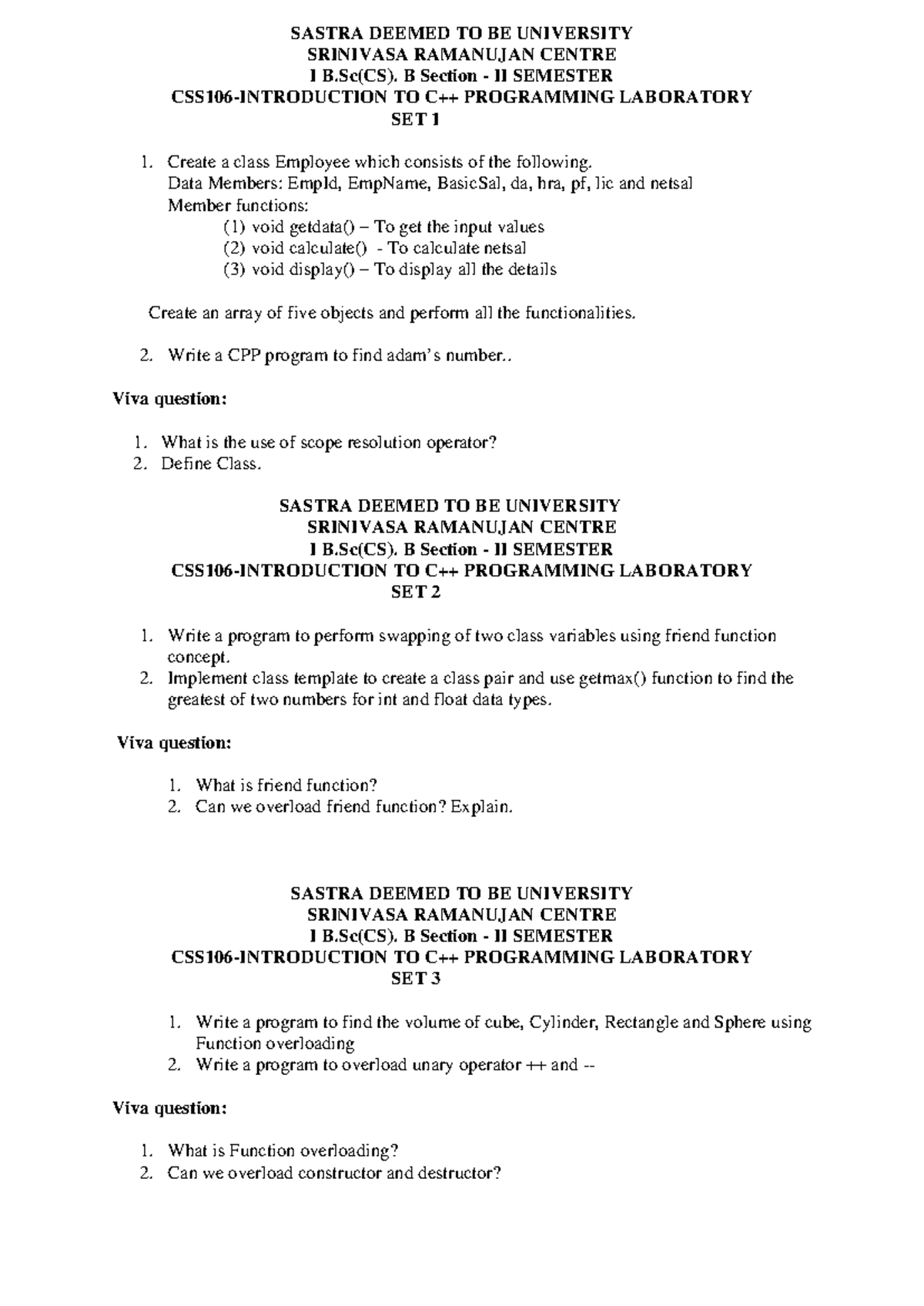 CPP End Sem QP I B.Sc(CS) B: Programming Laboratory Sets Overview - Studocu