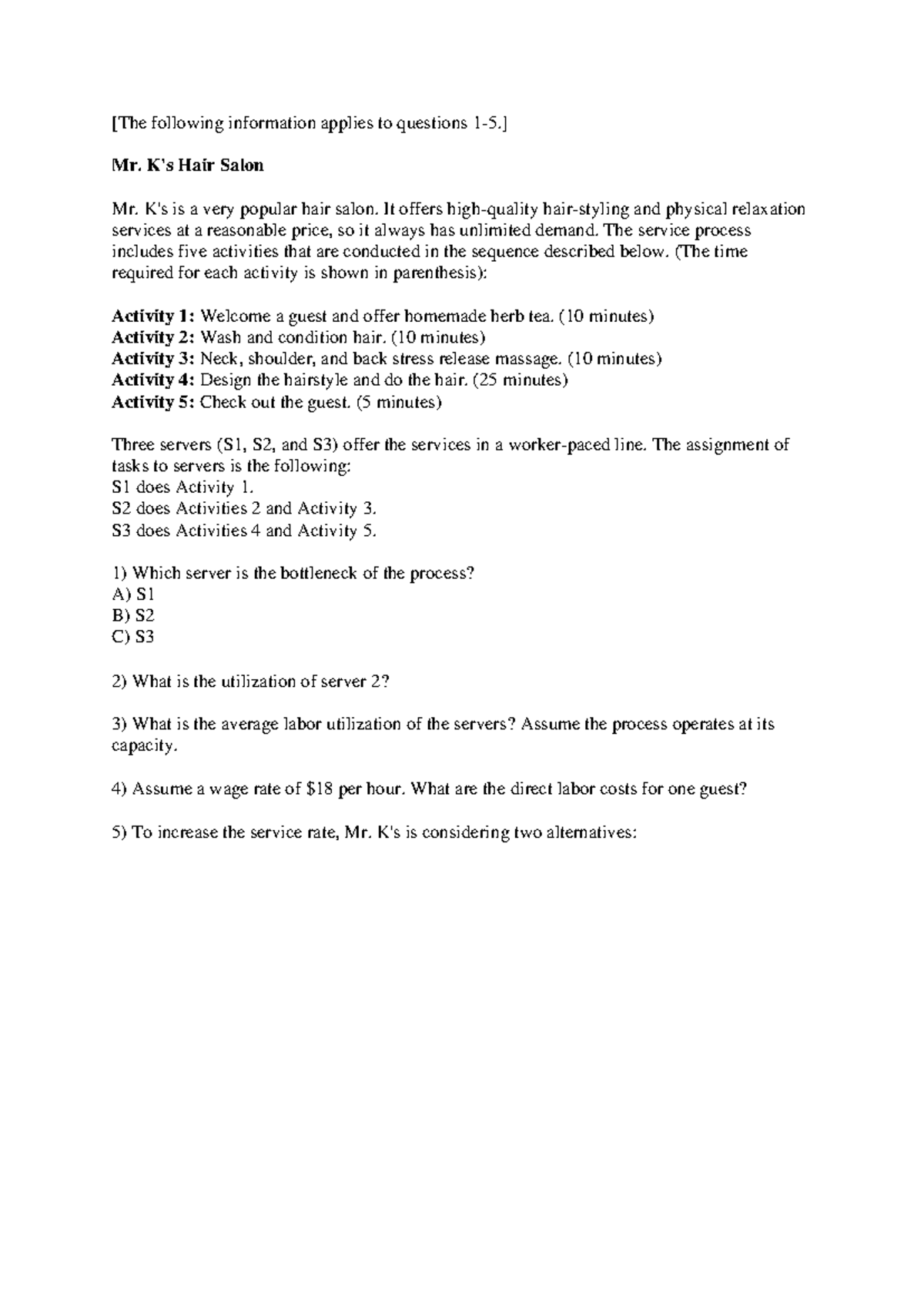 Process Analysis Practice Questions Set 2 - Mr. K's Hair Salon - Studocu
