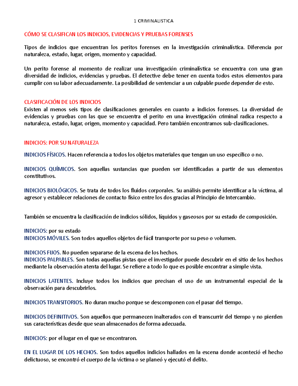 Clasificación de Indicados en Criminalística: Tipos y Ejemplos - Studocu