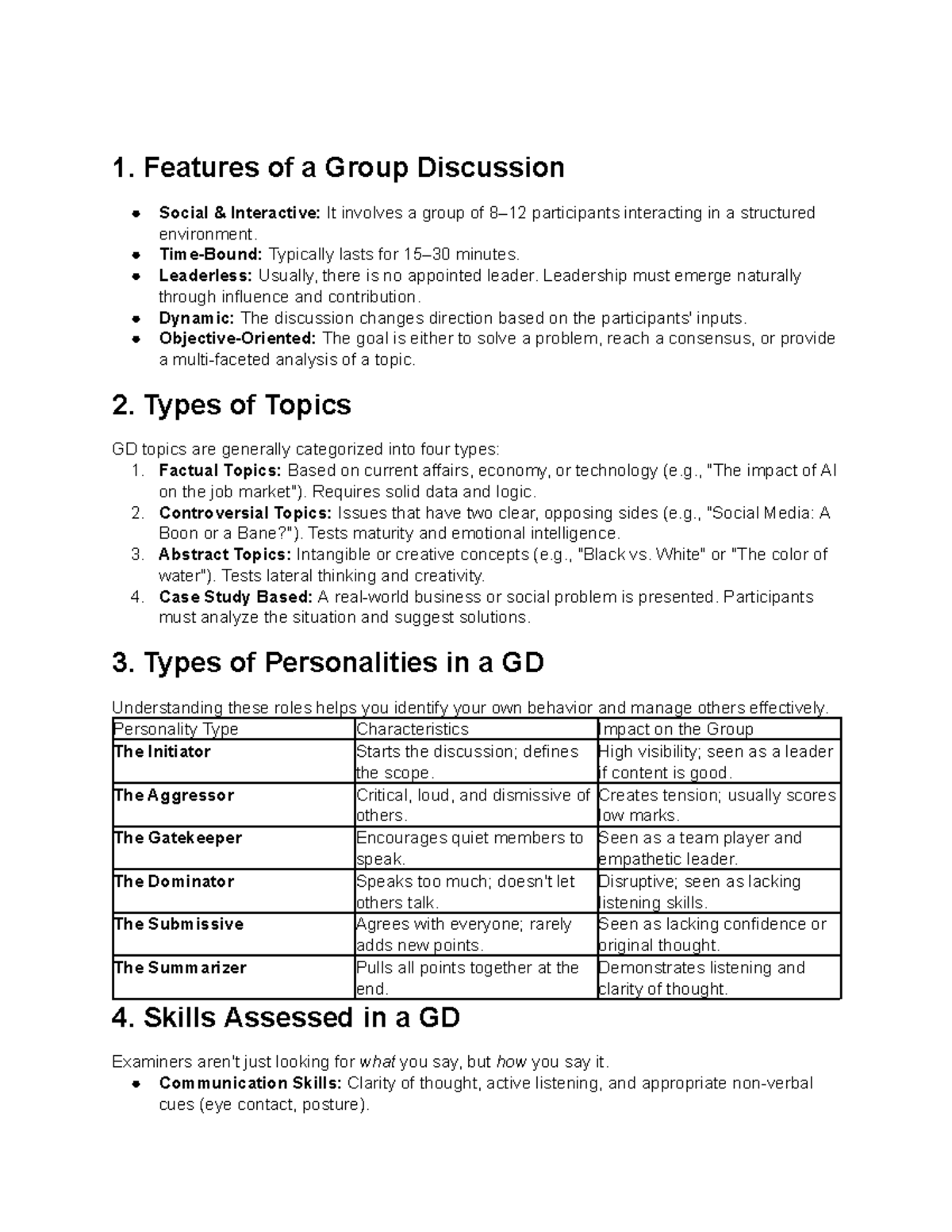 Group Discussion: Types, Features, and Personality Roles - Studocu