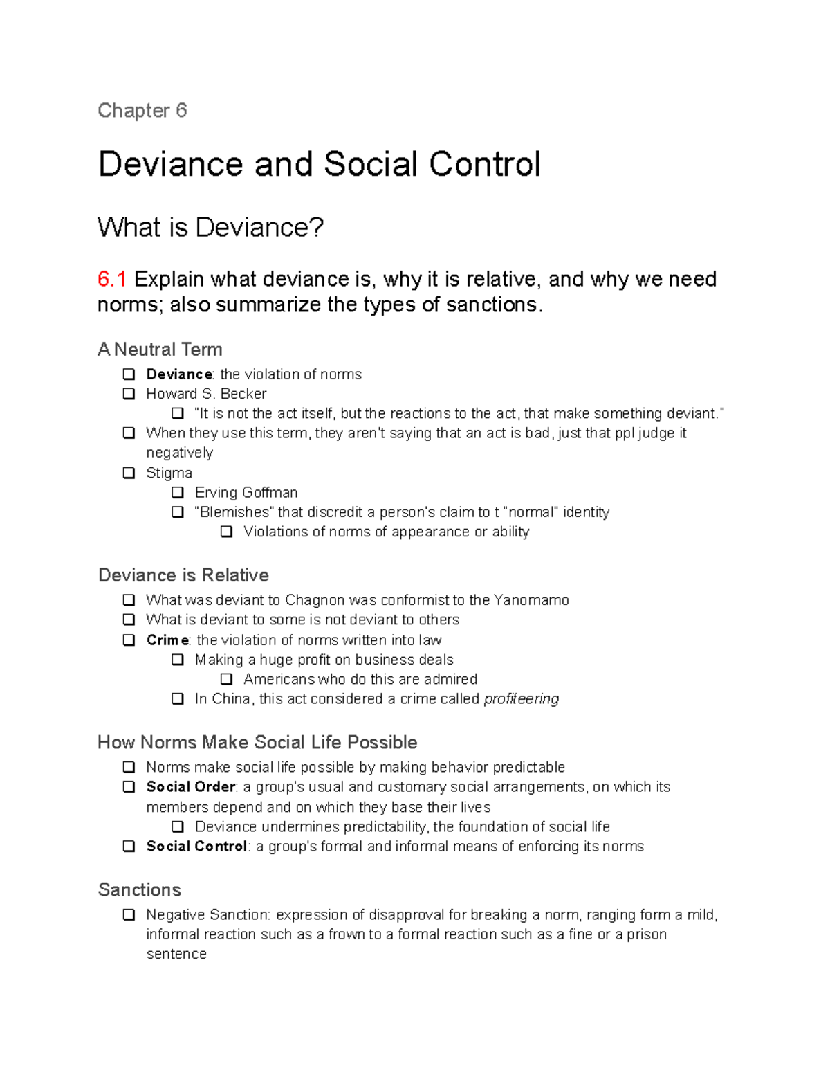 Sociology SOC101 Chapter 6: Deviance and Social Control Notes - Studocu