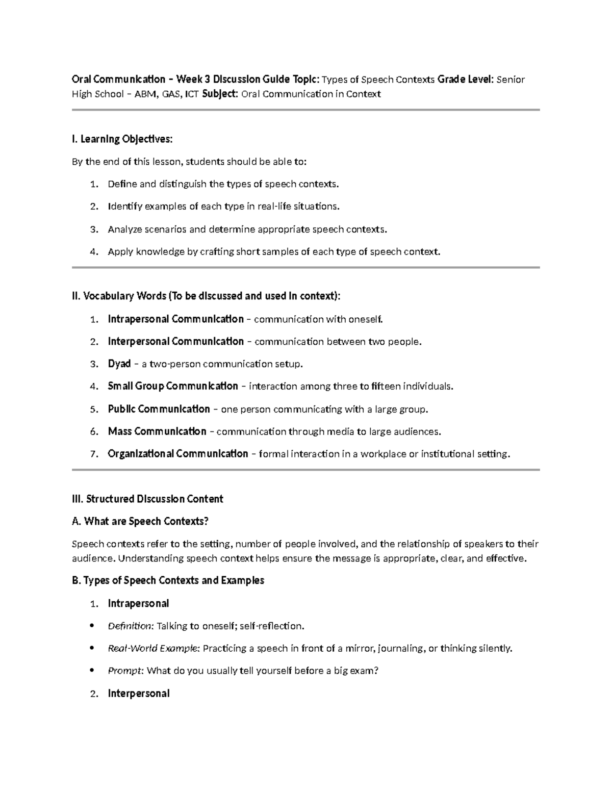 Oral Communication in Context: Week 3 Speech Types Guide (ABM, GAS, ICT ...