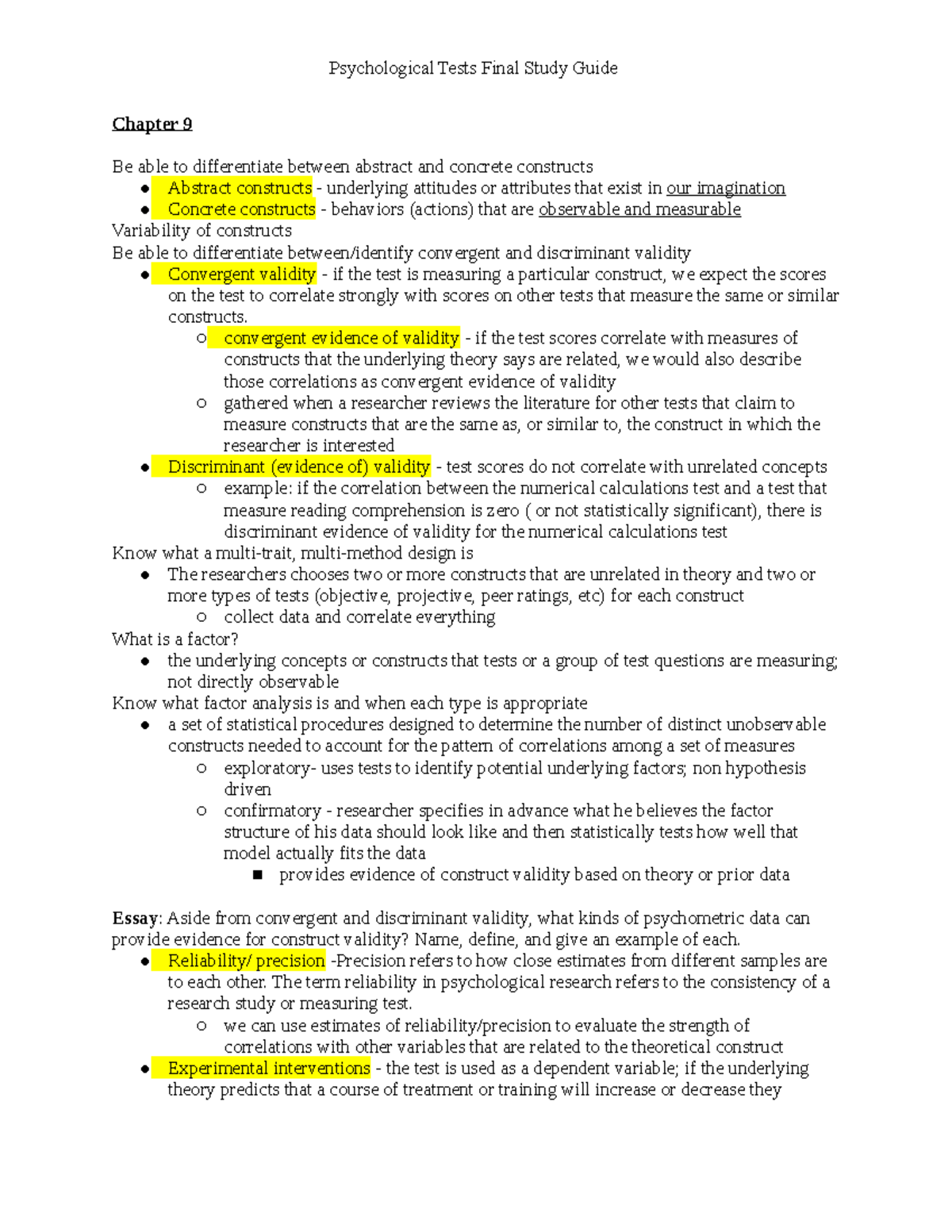 Psyc 101 Final Study Guide: Key Concepts in Psychometrics and Survey ...