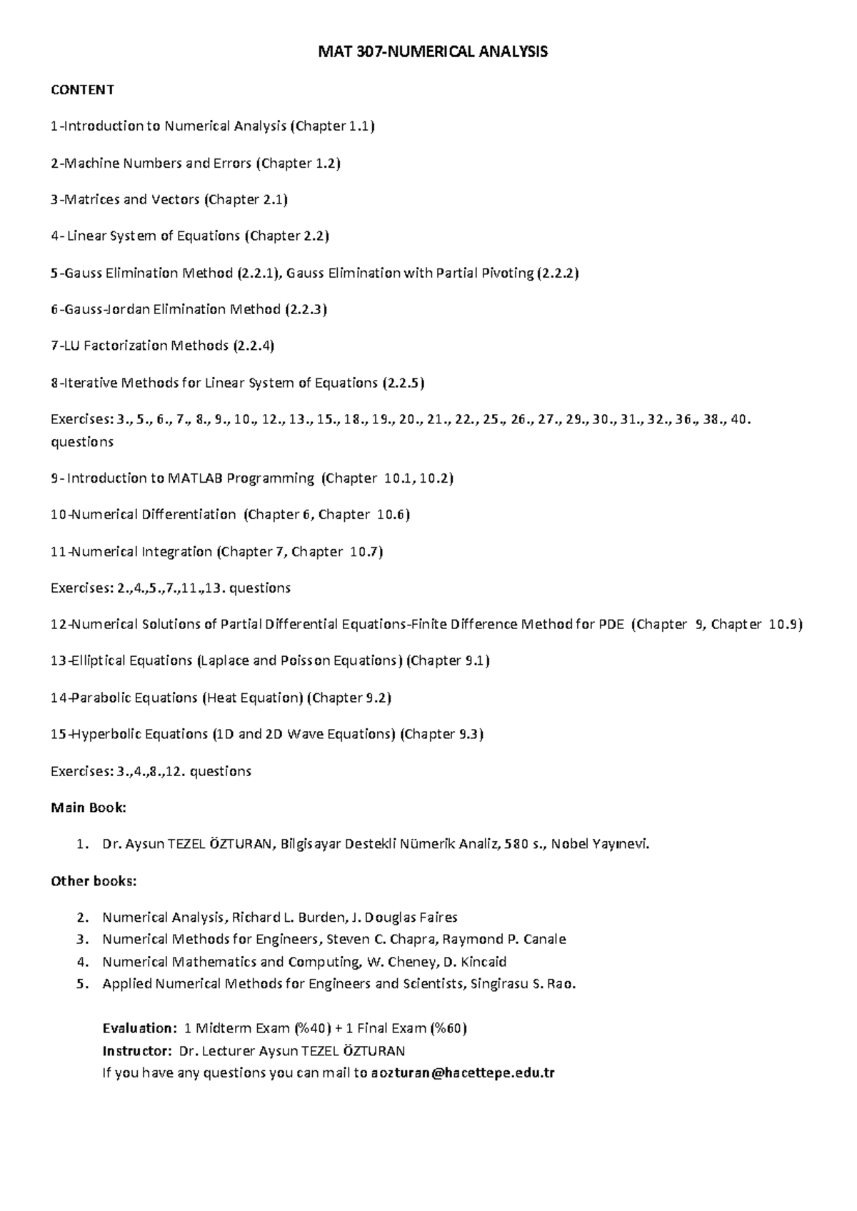 MAT307 Numerical Analysis: Chapter Content & Exercises - Studocu