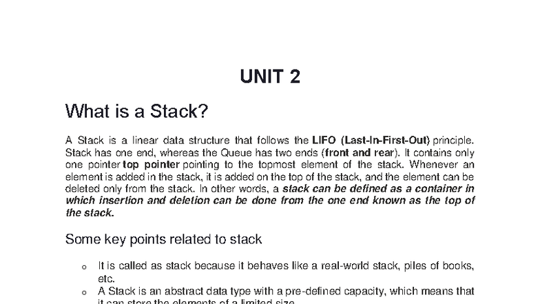 DS Unit 2: Understanding Stacks and Their Operations - Studocu