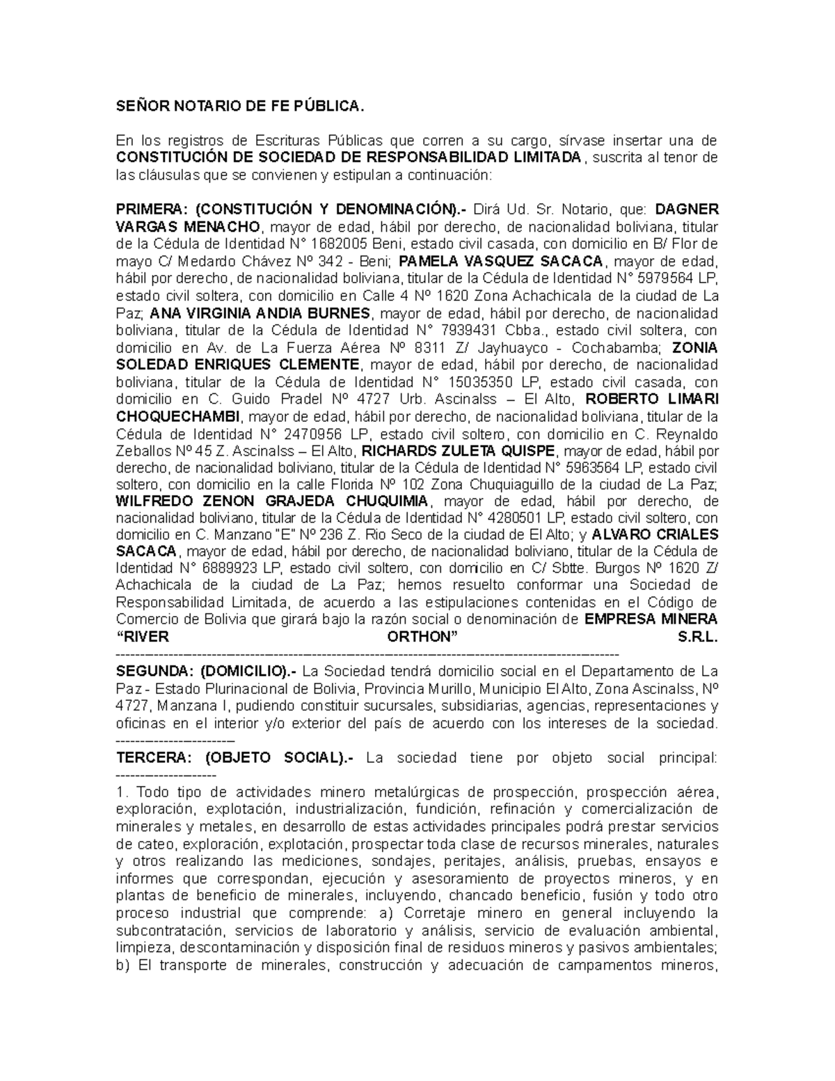 Constitución de la Empresa Minera "River Orthon" S.R.L. - Documentación Legal - Document Preview