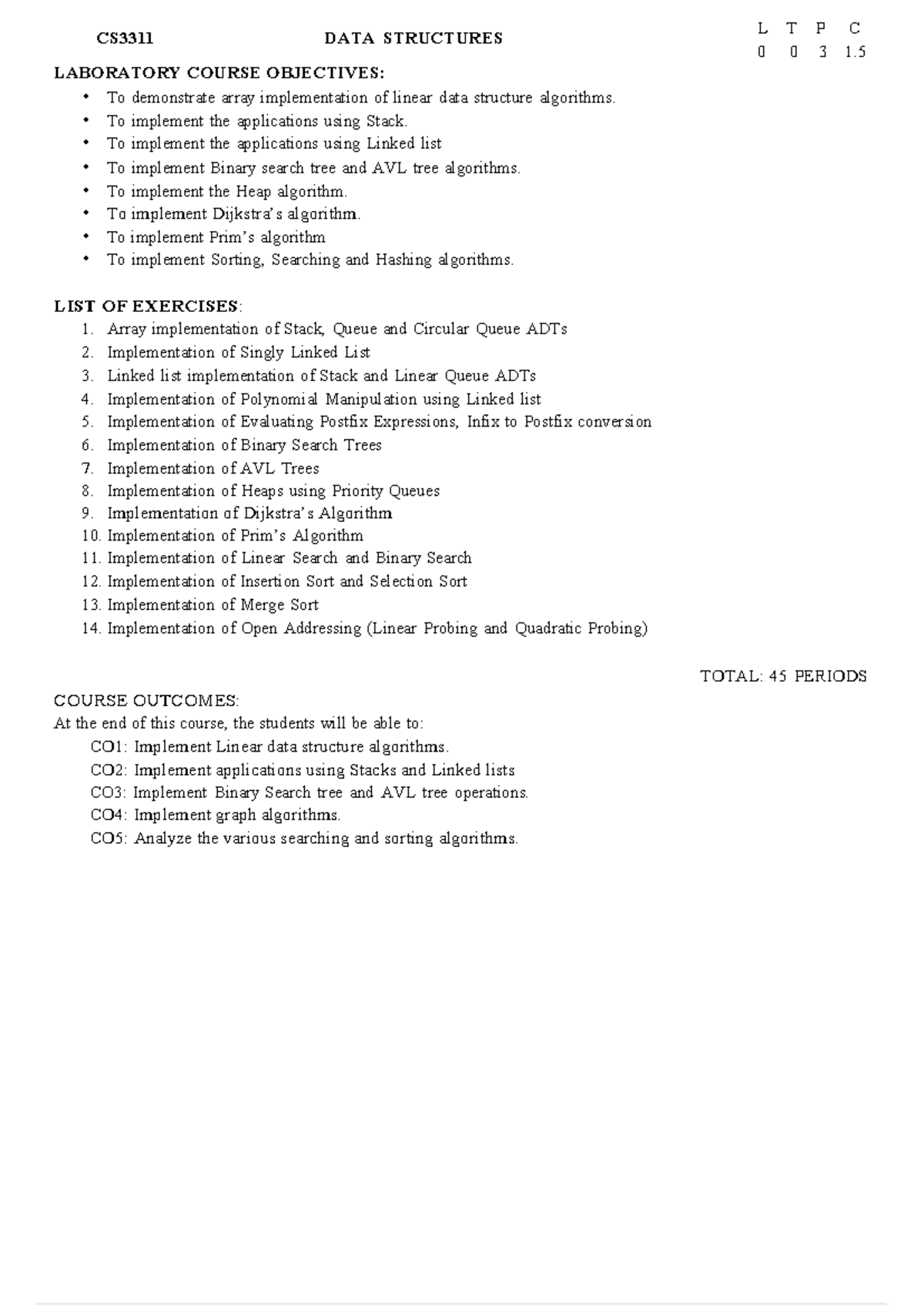CS3311 DS - CS3311 DATA STRUCTURES LABORATORY COURSE OBJECTIVES: • To ...