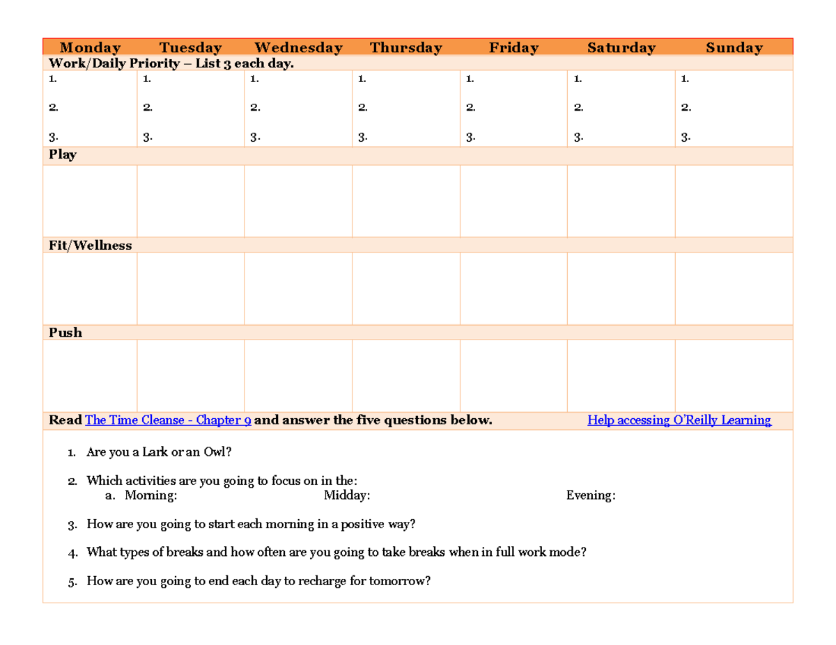 Weekly Plan 1-1: Daily Priorities and Wellness Goals - Studocu