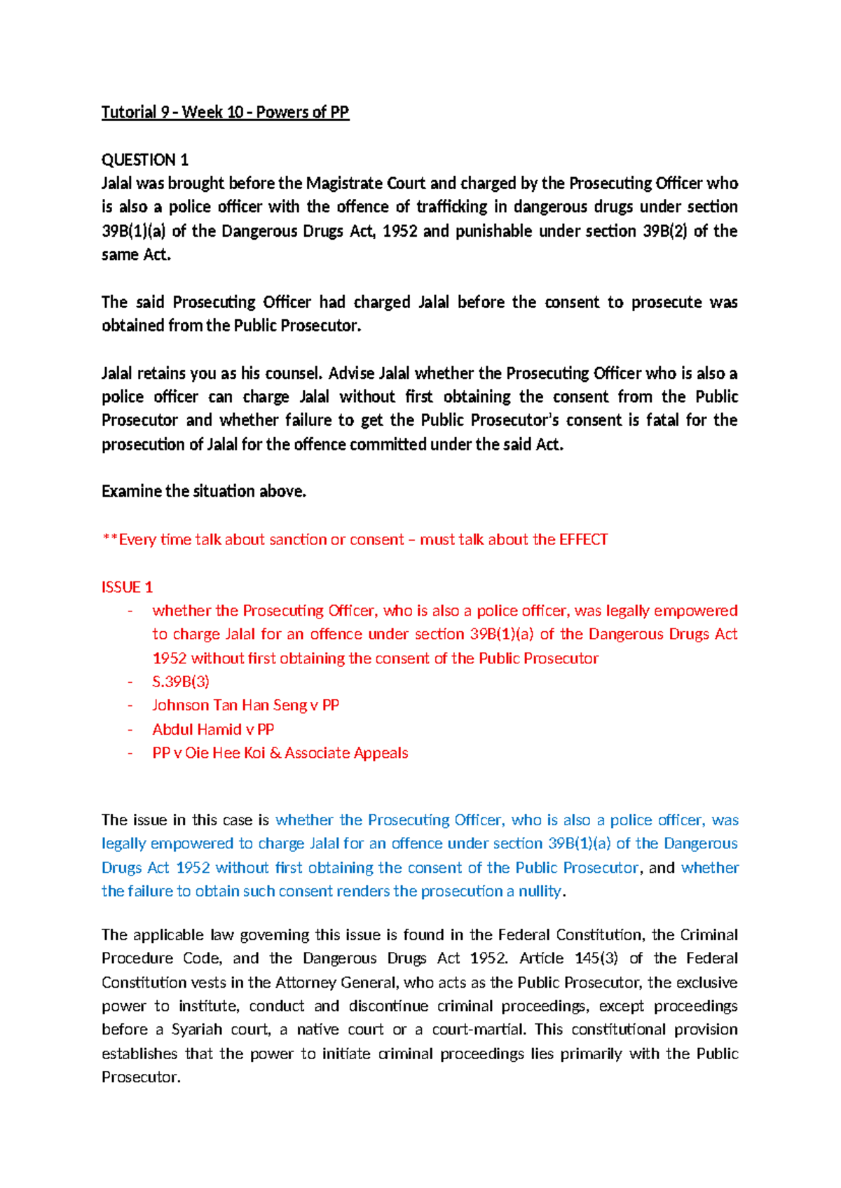 Tutorial 9 Week 10: Legal Analysis of Prosecutorial Consent in Drug ...