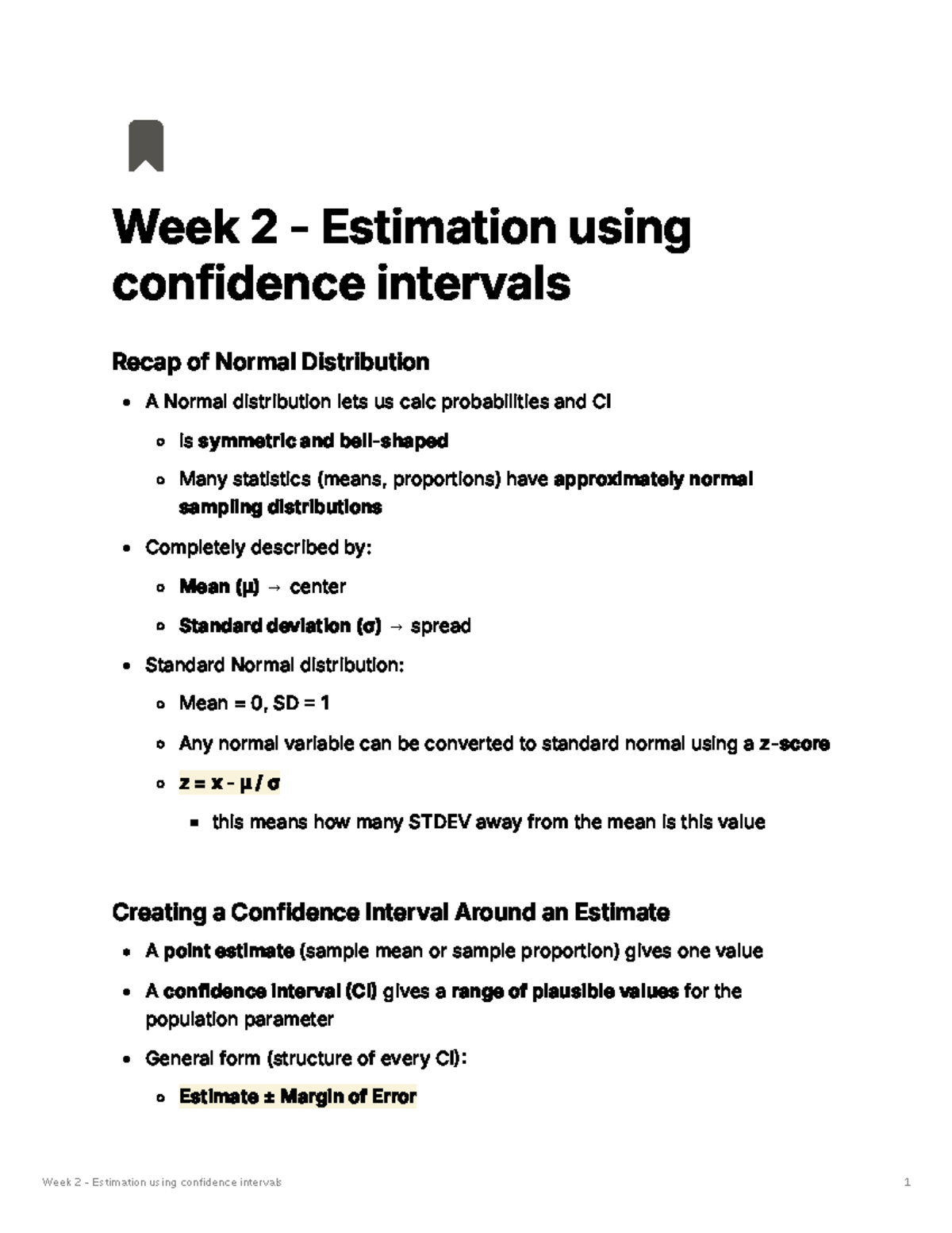 Week 2: Confidence Intervals & Normal Distribution Recap - Studocu
