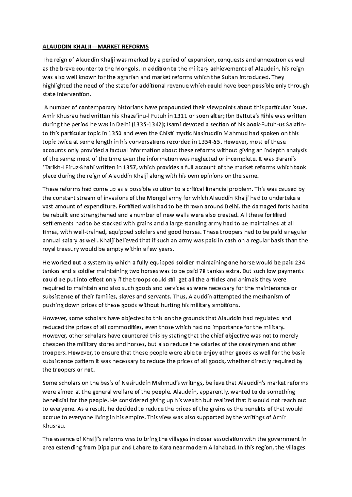 ALAUDDIN KHALJI: Market and Agrarian Reforms in His Reign - Studocu