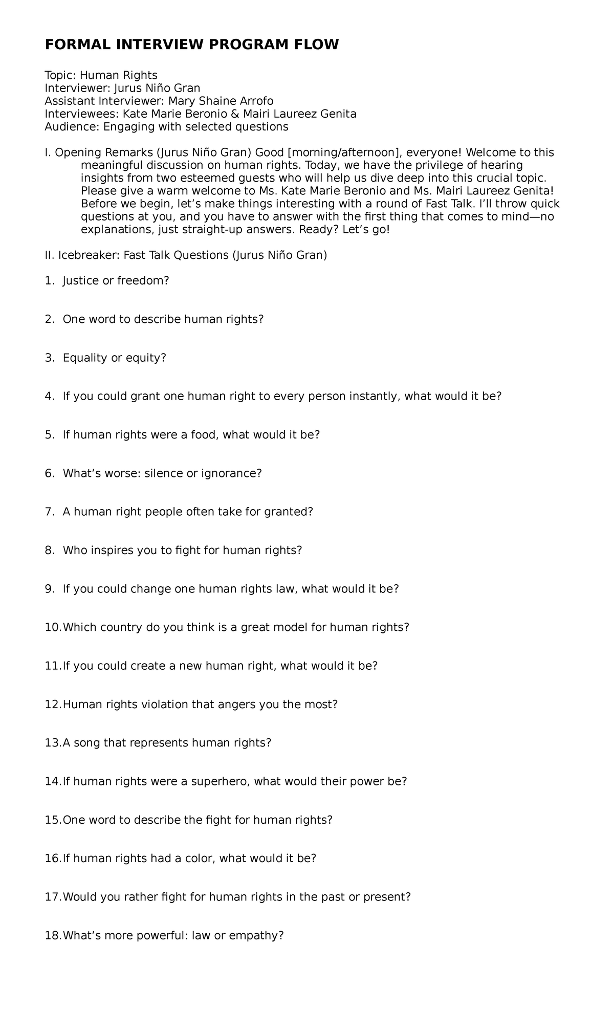 Formal Interview Program FLOW - FORMAL INTERVIEW PROGRAM FLOW Topic ...