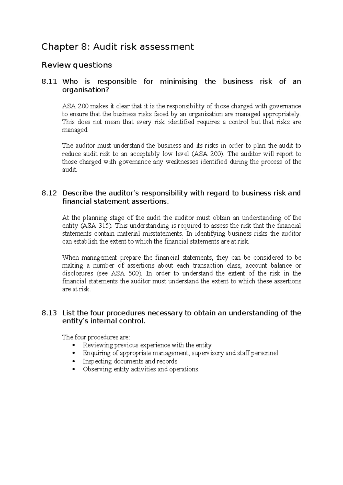 Chapter 8: Audit Risk Assessment Review Questions & Solutions - Studocu