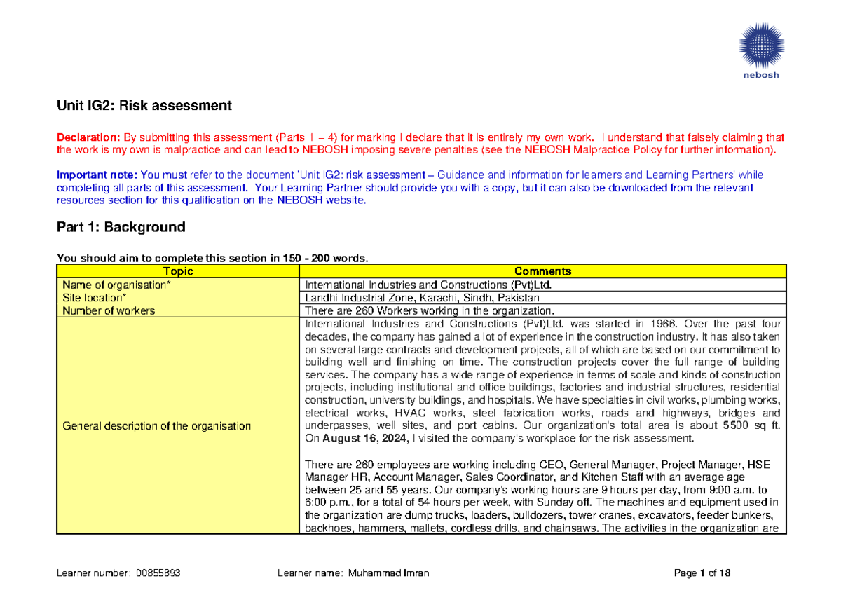 IG2 Risk Assessment Report: International Industries & Constructions ...