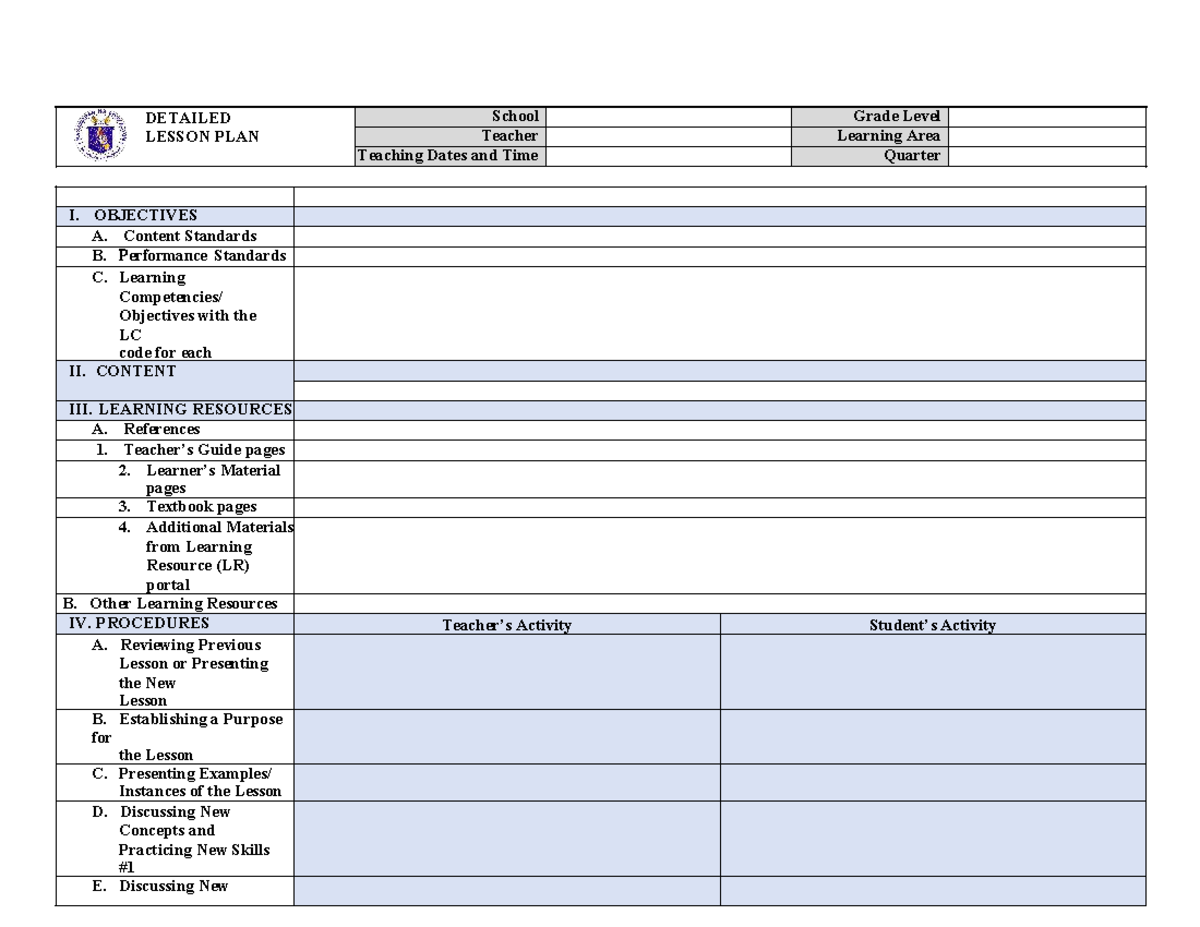 DLP Format: Detailed Lesson Plan for Grade Level Teaching - Studocu