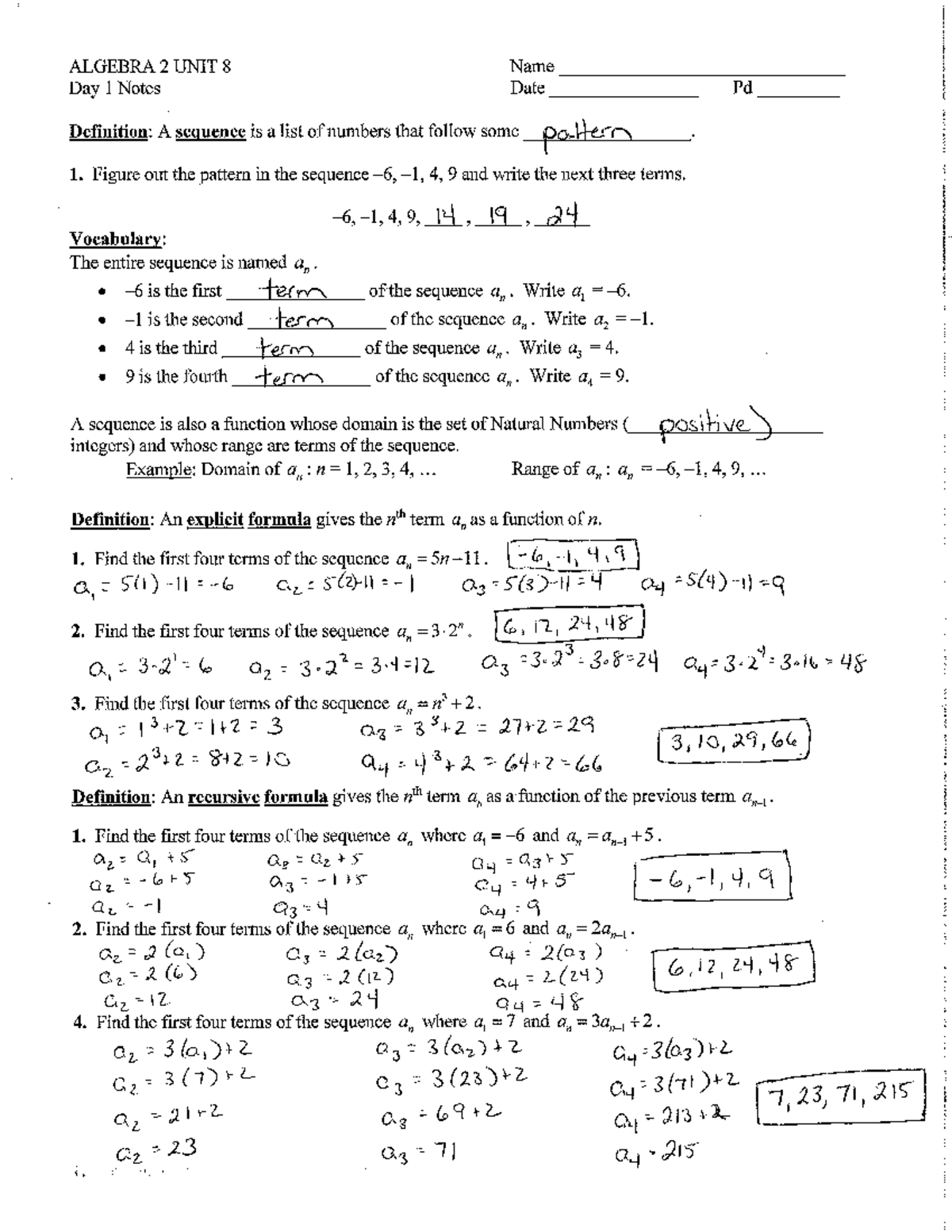 A2 U8 Day 1 Notes: Understanding Sequences and Patterns - Studocu