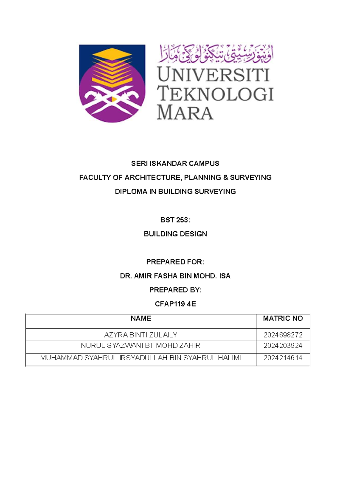 BST 253: Building Design Defect Analysis Report for Dr. Amir Fasha ...