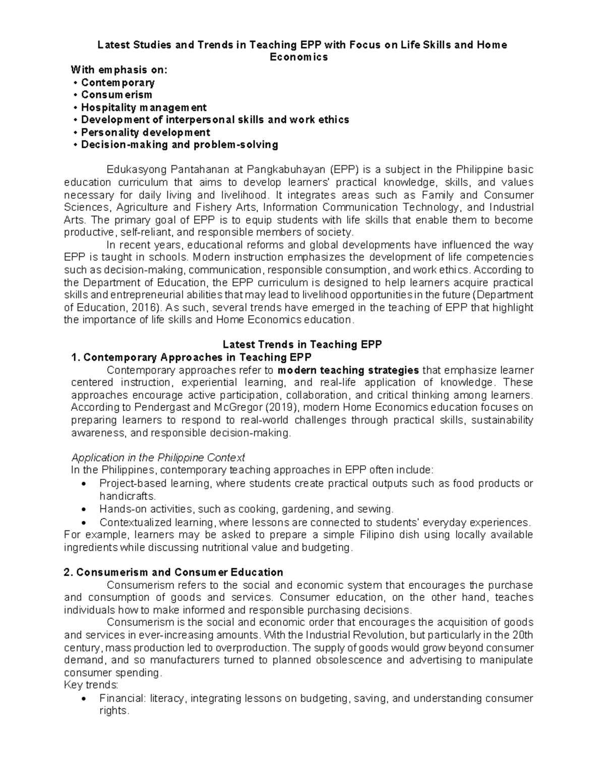 Latest Trends in Teaching EPP: Life Skills & Home Economics Insights ...