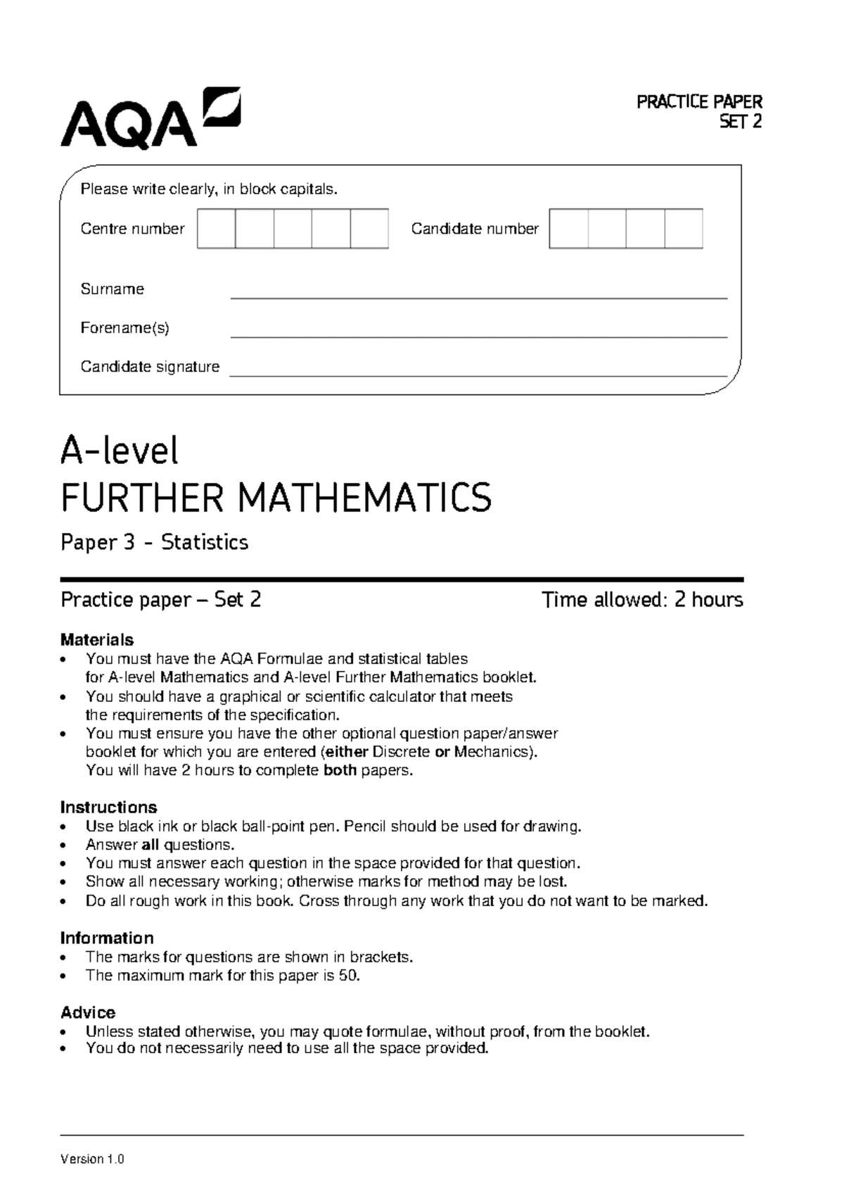 Further Mathematics A2 Paper 2 Practice Paper Set 1 - Studocu
