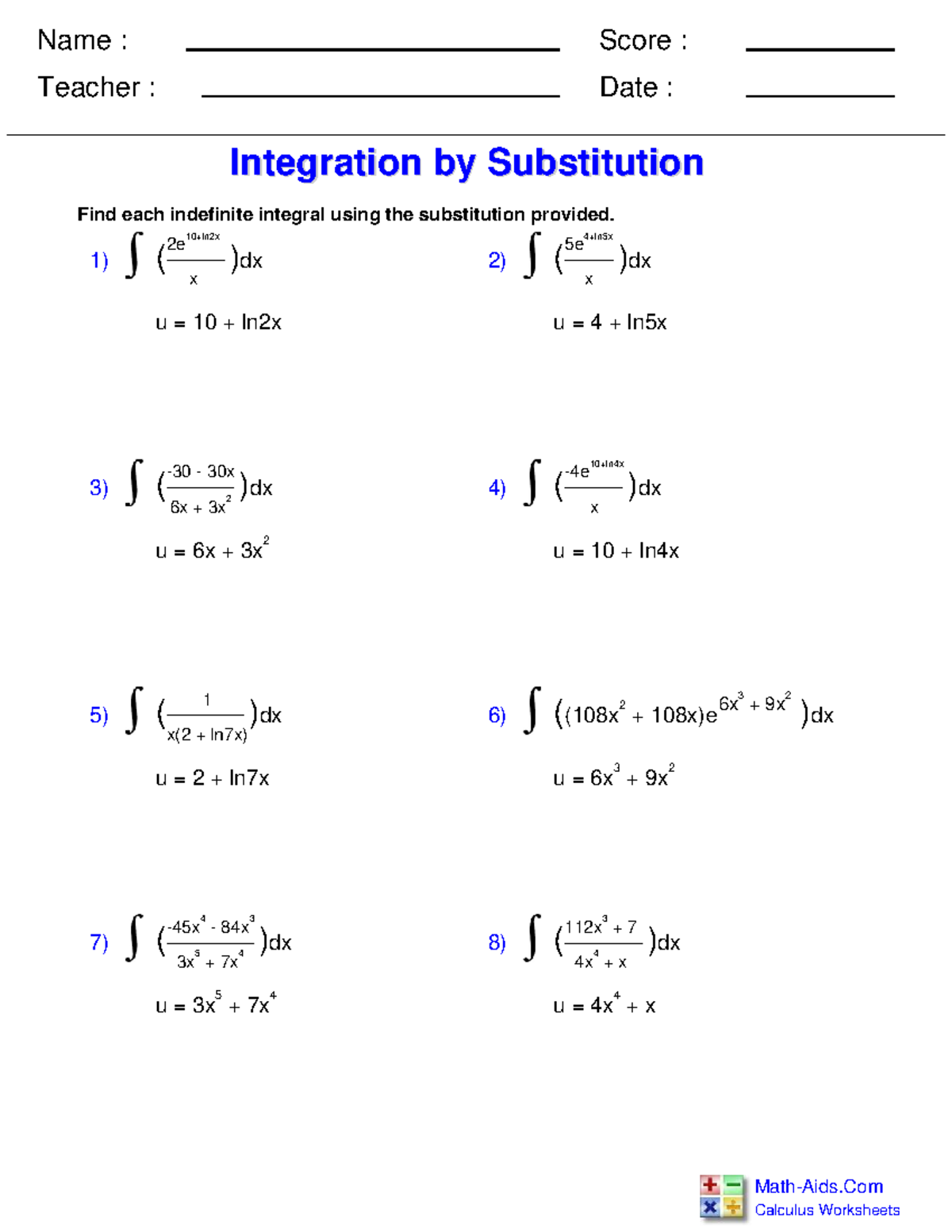 Calculus AB Review: Integration by Substitution Practice - Studocu