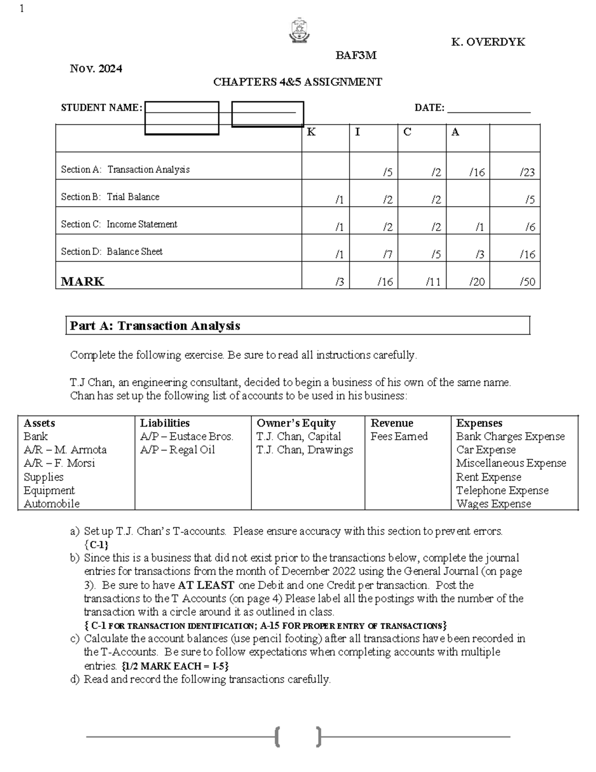 BAF3M Chapters 4 & 5 Assignment - Transaction Analysis & Financial ...