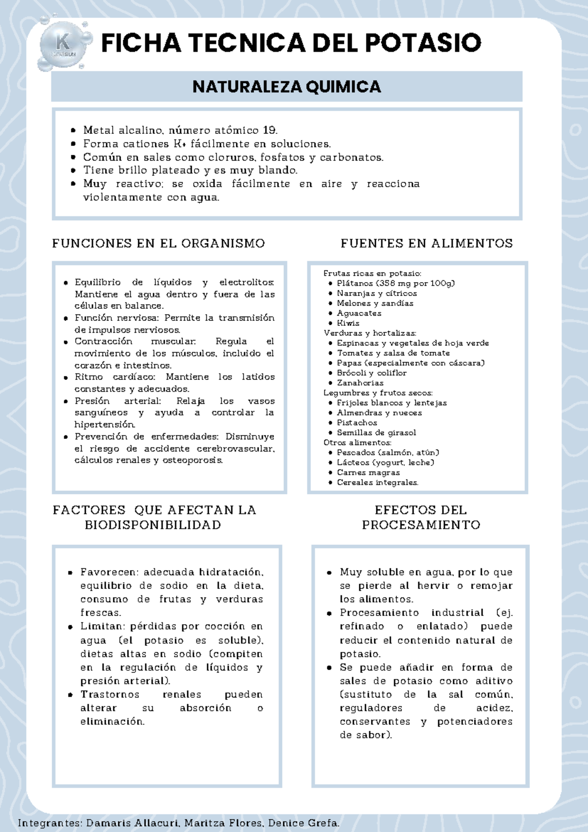 FICHA TÉCNICA DEL POTASIO: PROPIEDADES Y FUNCIONES EN EL ORGANISMO
