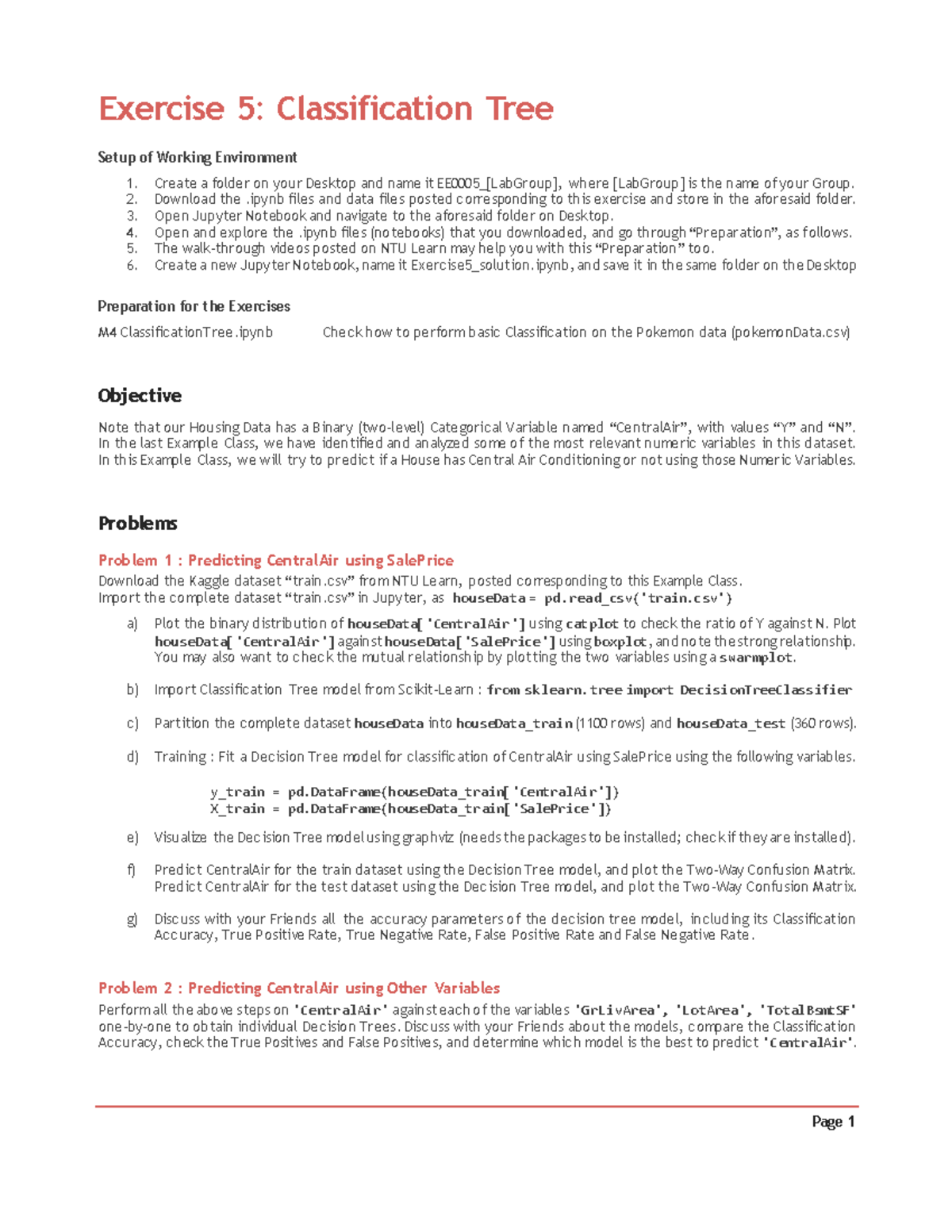 EE0005 Exercise 5: Classification Tree for Predicting CentralAir - Studocu