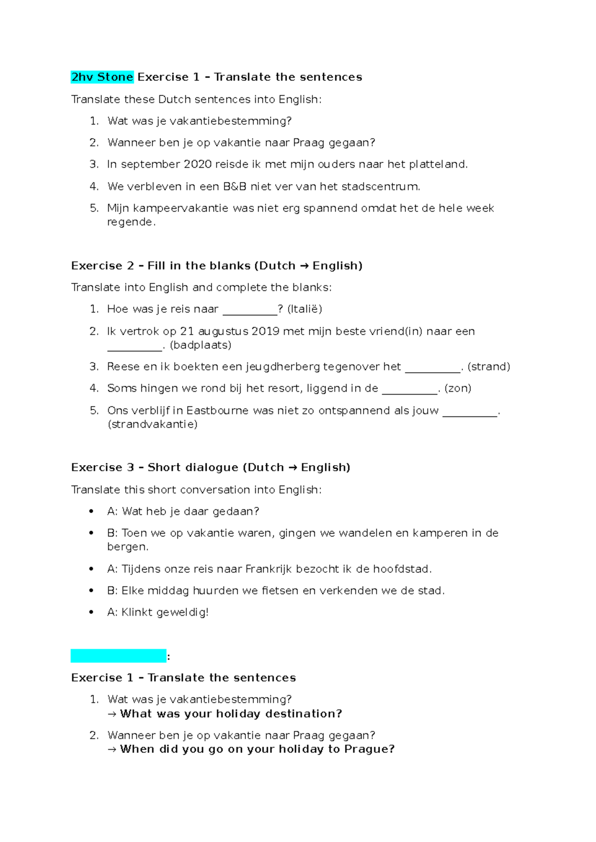 2hv Stone Exercises: Dutch to English Translation Practice - Studeersnel