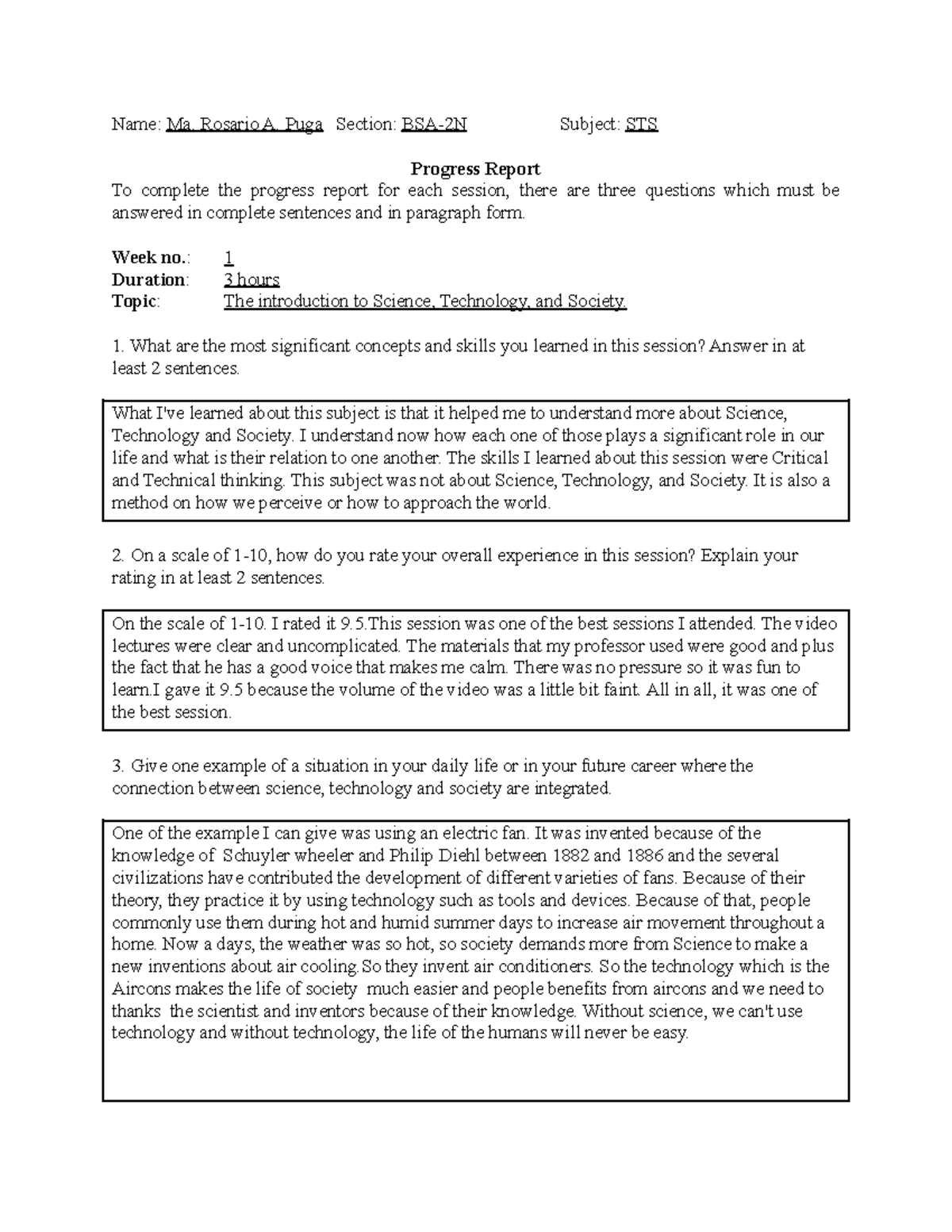 Ma. Rosario Puga - STS Session 1 - Progress Report Template - Name: Ma ...