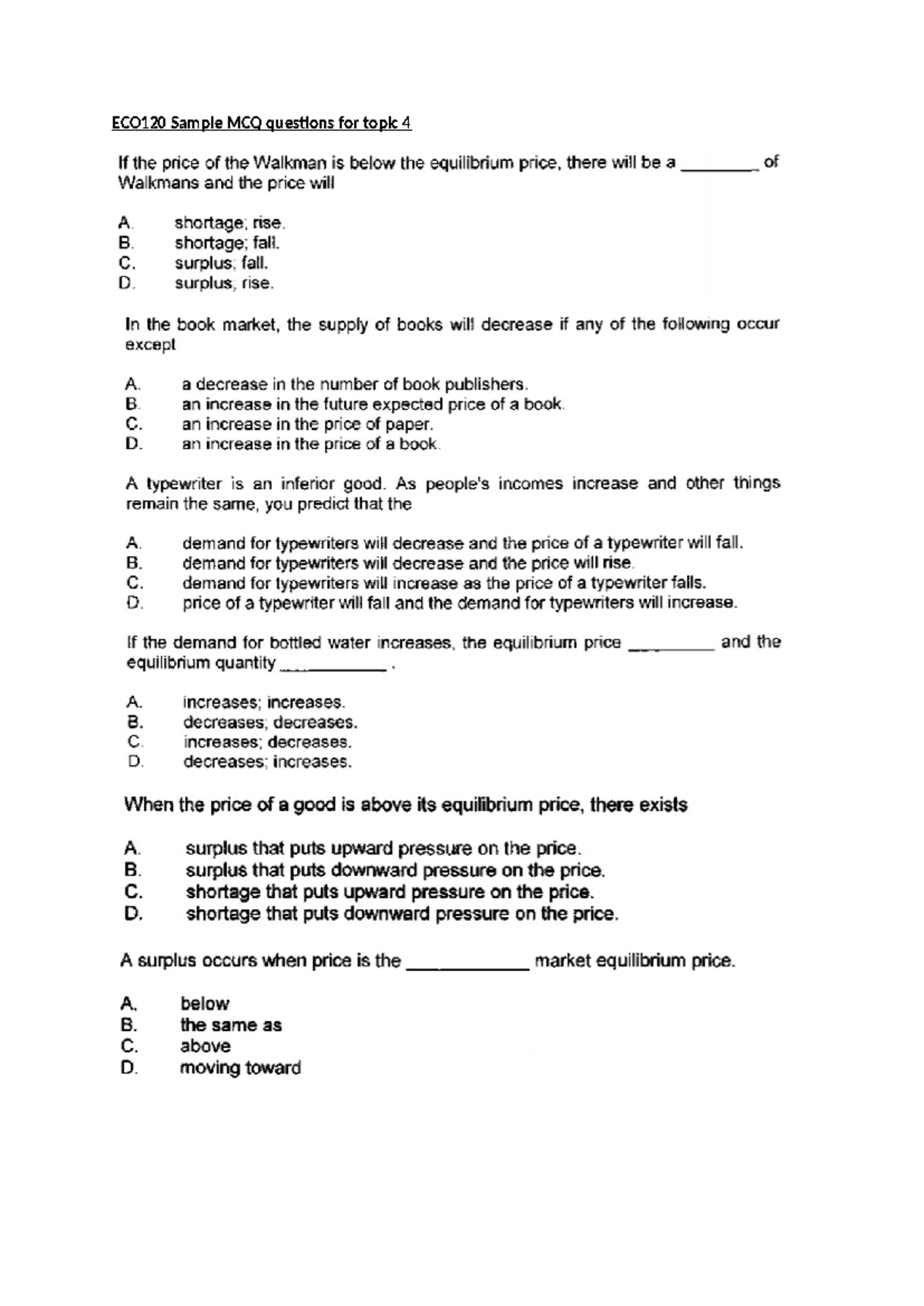 ECO415 Sample MCQ Questions for Topic 4: Market Equilibrium Insights ...