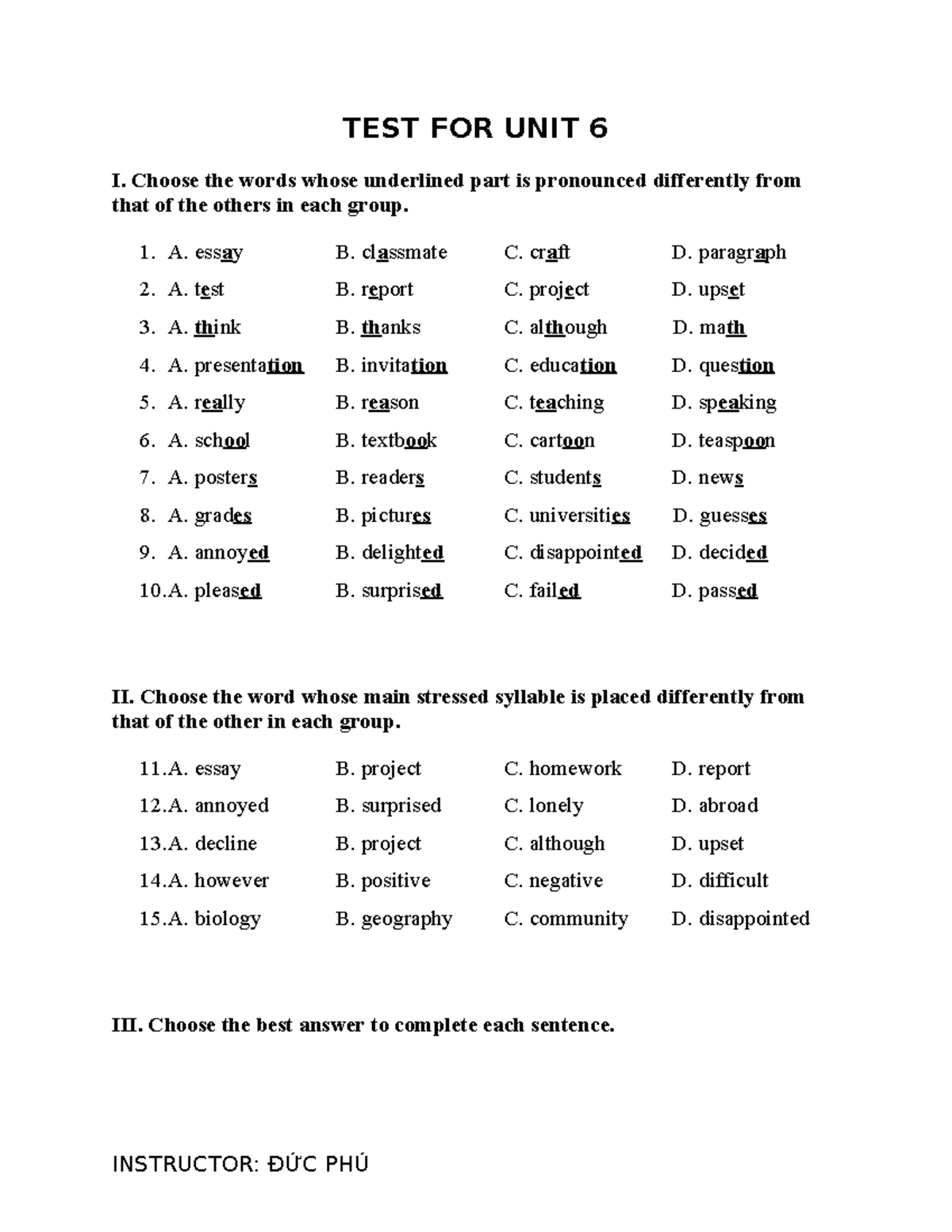 TEST FOR UNIT 6: Pronunciation and Sentence Completion Exercises - Studocu