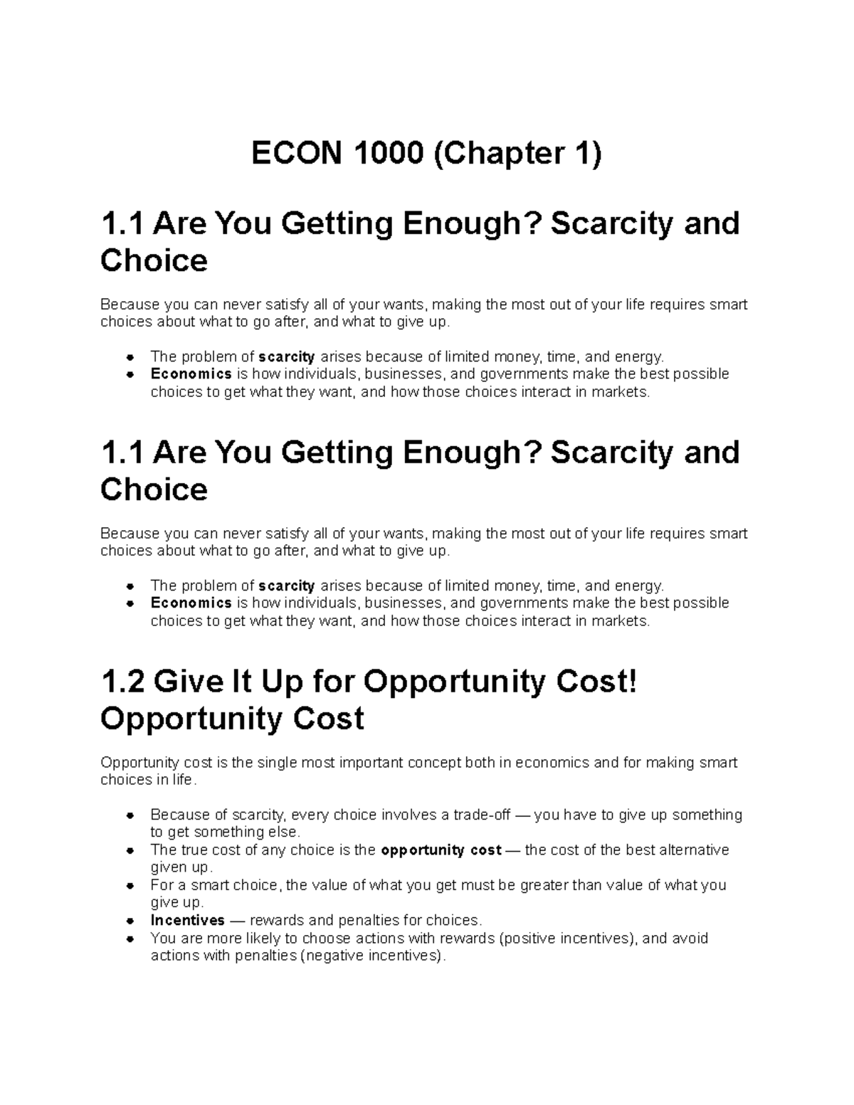 ECON 1000 Chapter 1: Intro to Microeconomics and Key Concepts - Studocu