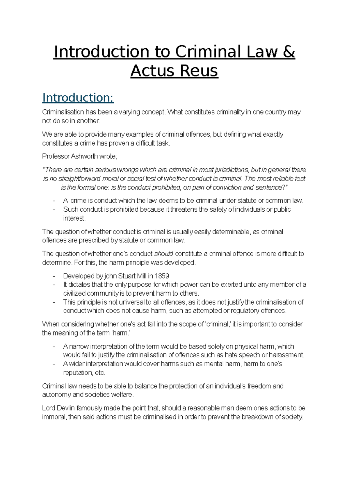 Unit 1 - Introduction to Criminal Law: Understanding Actus Reus - Studocu