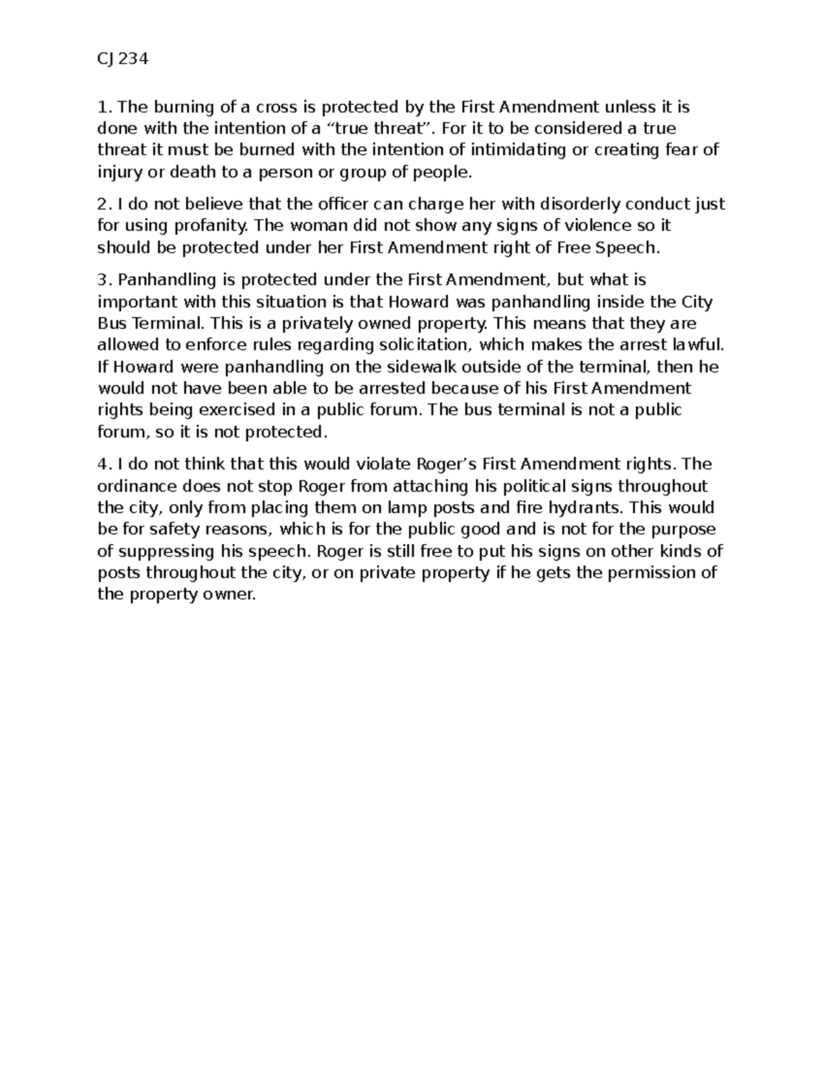 CJ 234 WK4 Assignment: First Amendment Rights Analysis - Studocu