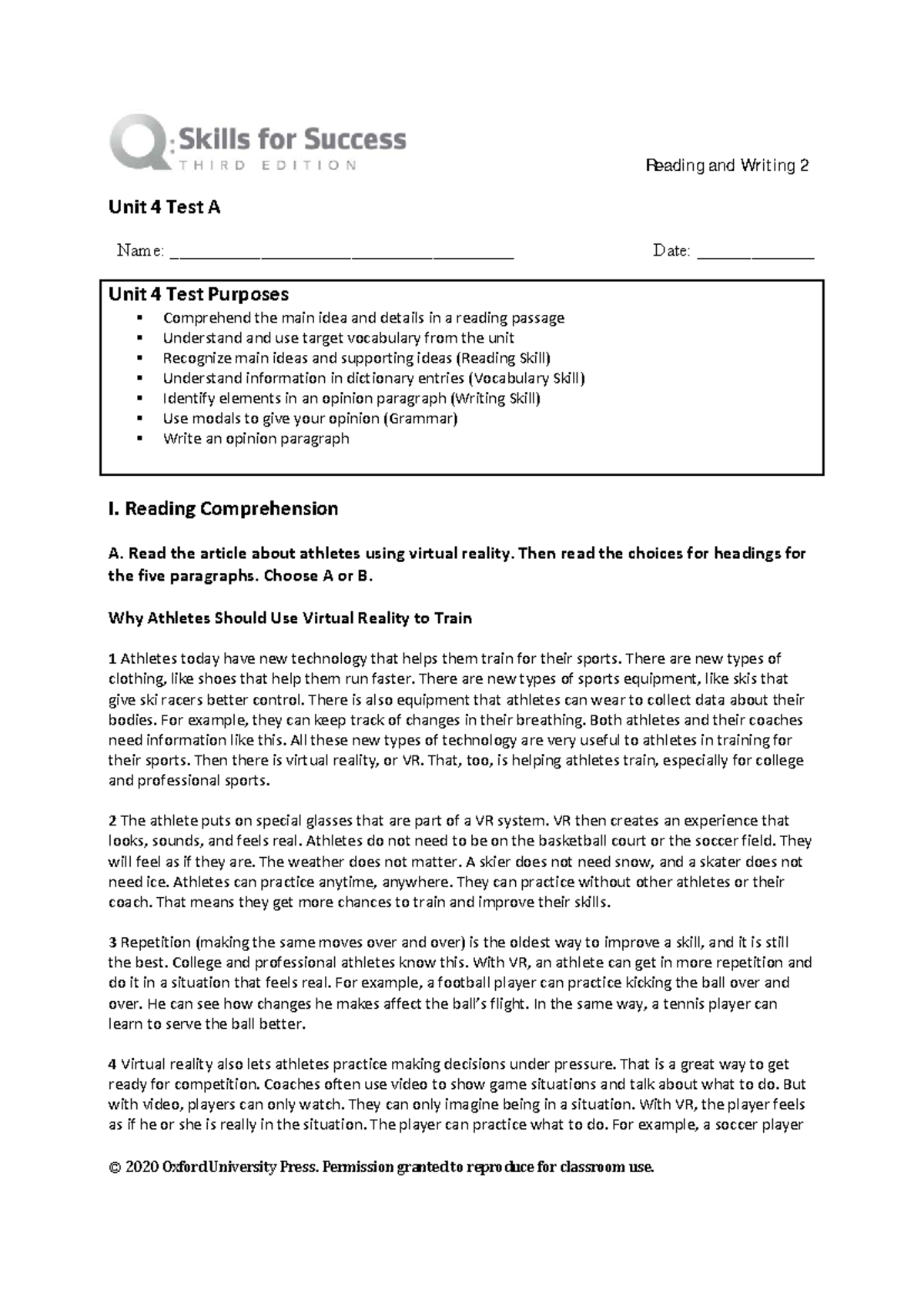 Unit 4 Test A - Reading and Vocabulary Exercise - Studocu
