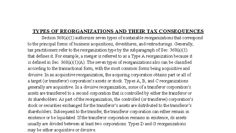 Tax Implications of Types A, B, C, D, and G Corporate Reorganizations ...