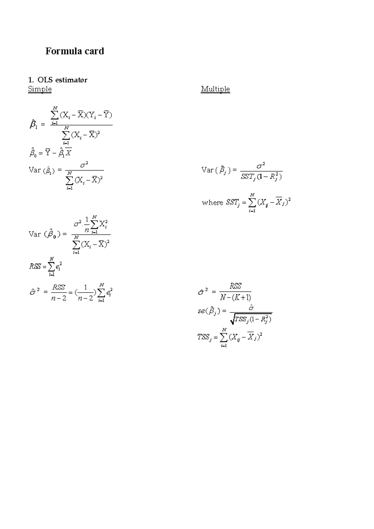 Endterm Formula Card for OLS Estimators and Time Series Analysis ...