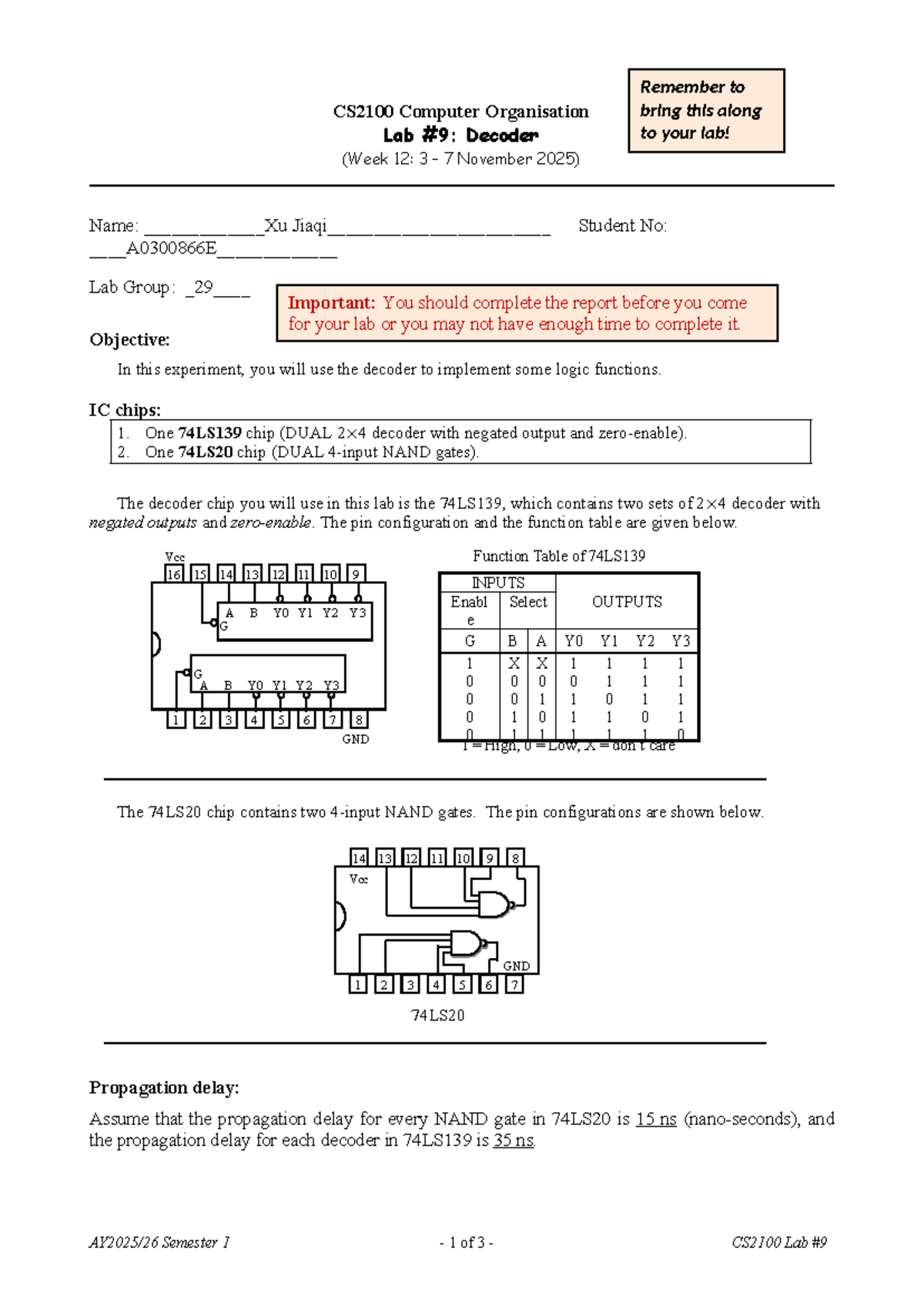 CS2100 Lab 9: Decoder Implementation and Logic Functions - Studocu