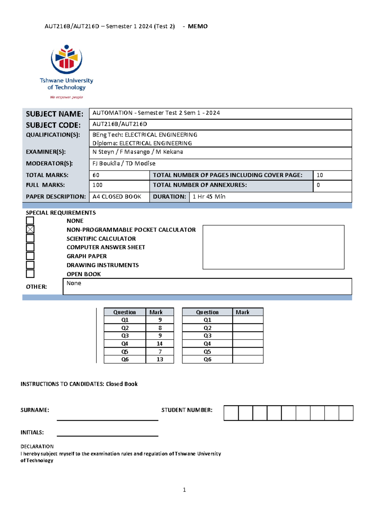 AUT216 BD Semester Test 2 - 2024 Sem 1 Memo and Solutions - Studocu