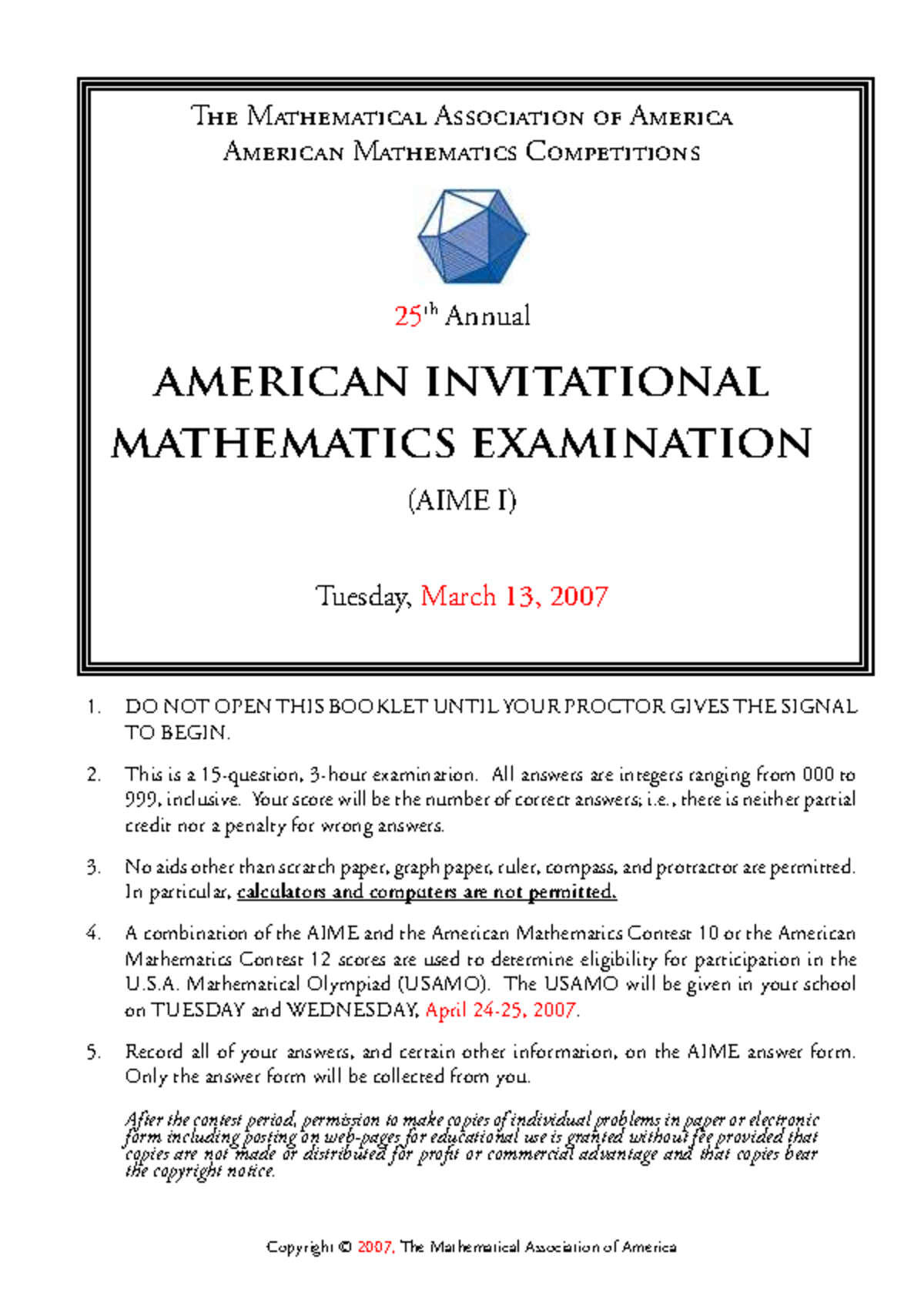 2007 AIME I - American Invitational Mathematics Examination Solutions ...