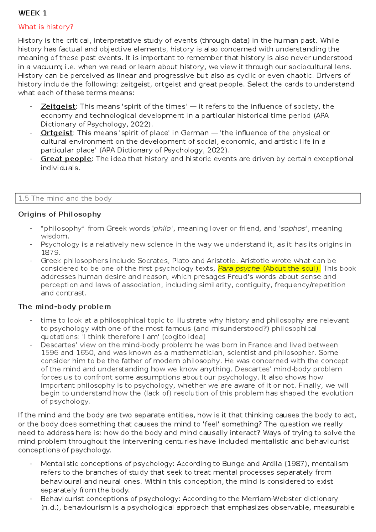 Psychology 101: Week 1-2 Lecture Notes on History & Philosophy - Studocu