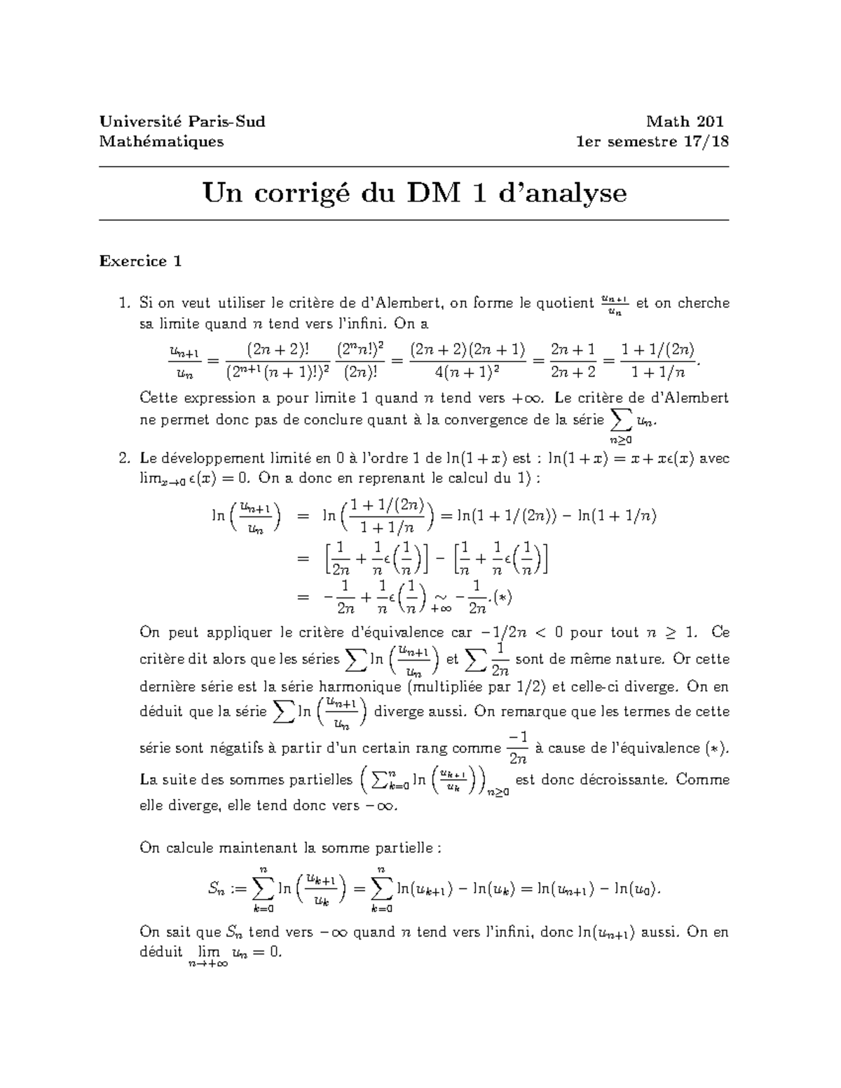 Corrigé DM numero 1 - Universit ́e Paris-Sud Math 201 Math ́ematiques ...