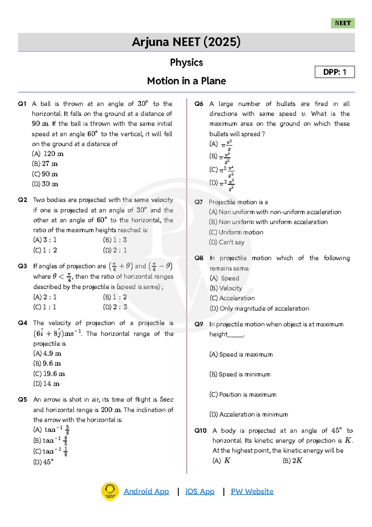 Arjuna NEET DPP: Motion in a Plane Questions and Answers - Studocu