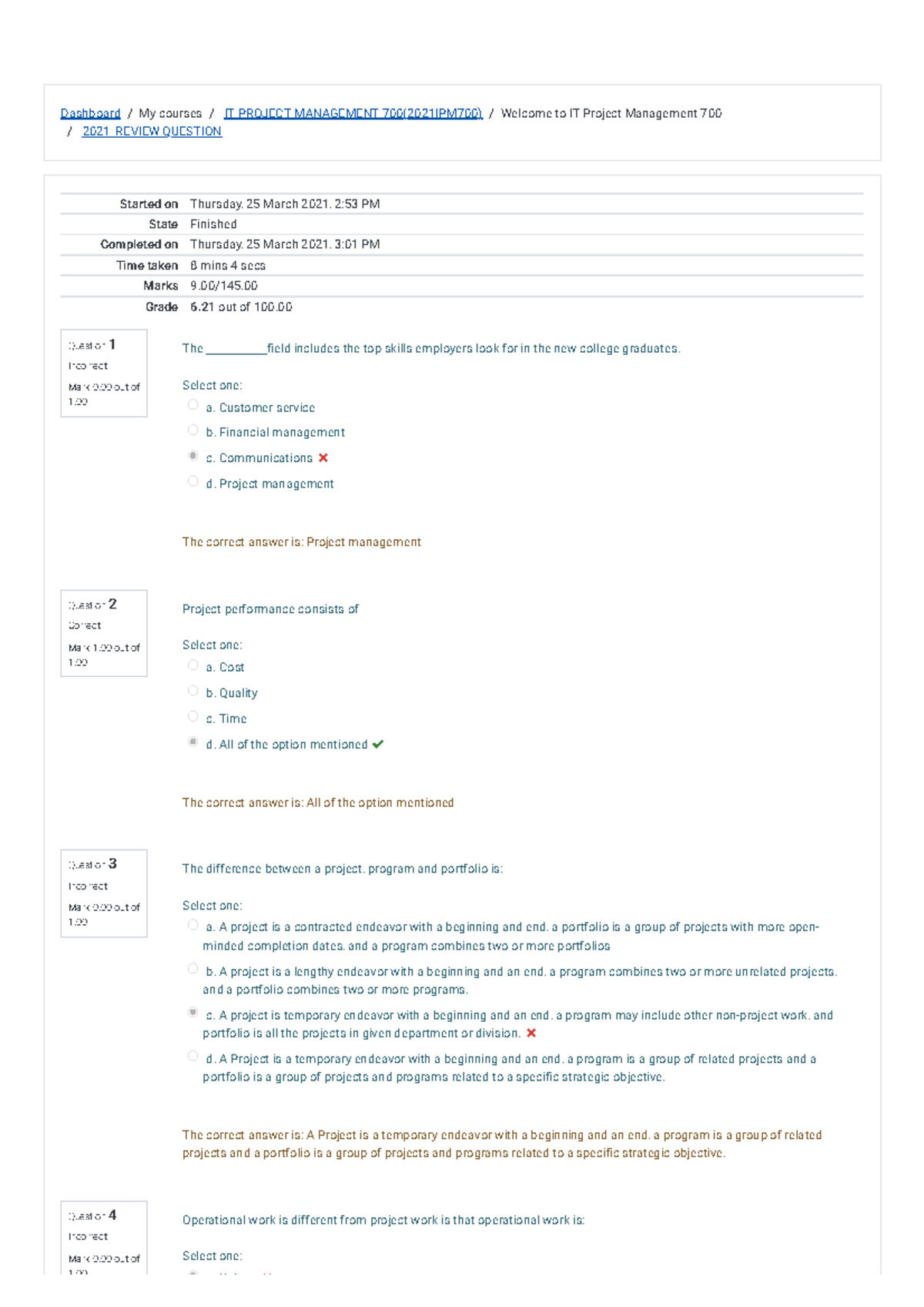 ITPM Review Question Attempt review - Dashboard/My courses/ IT PROJECT ...