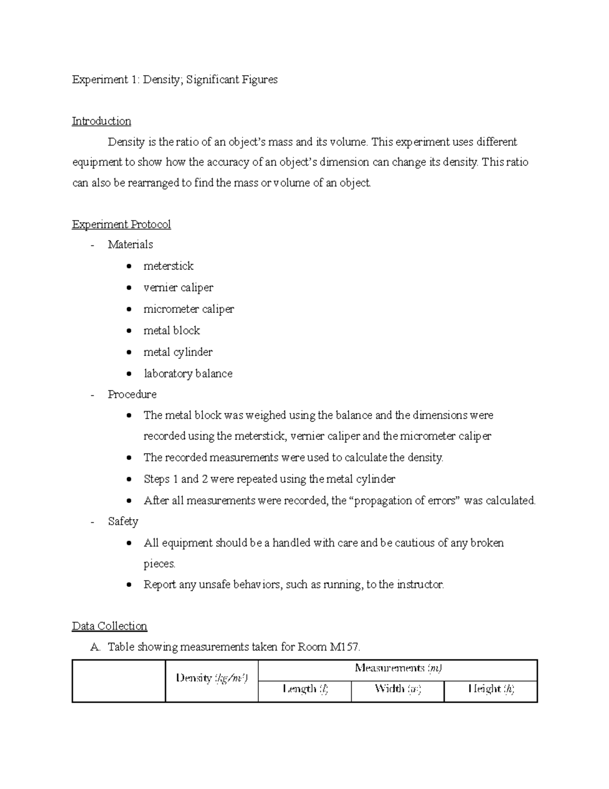Physics 110 Lab Report 1: Exploring Density and Measurement Techniques ...