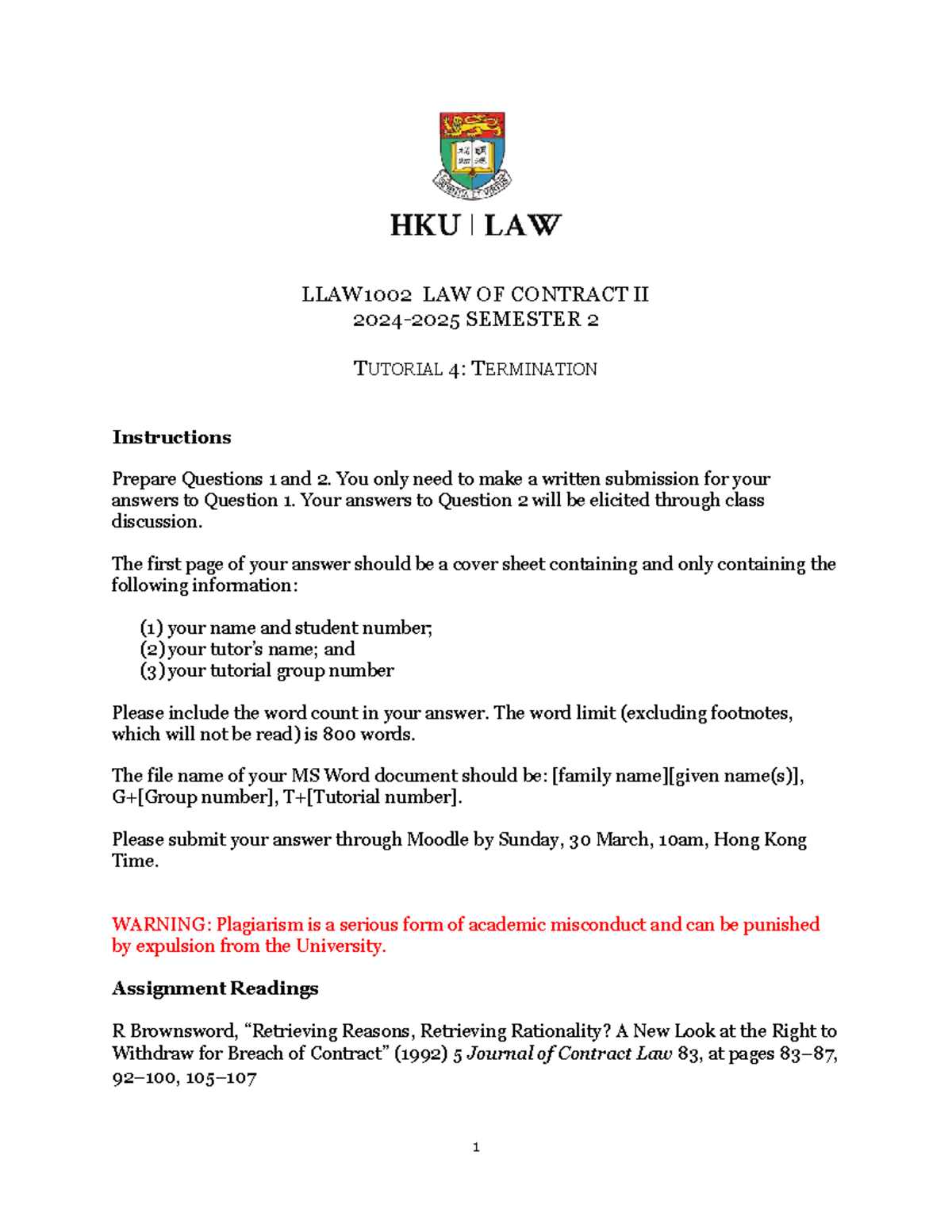 LLAW1002 Contract Law II Semester 2 Tutorial 4 Questions 2024-25 - Studocu