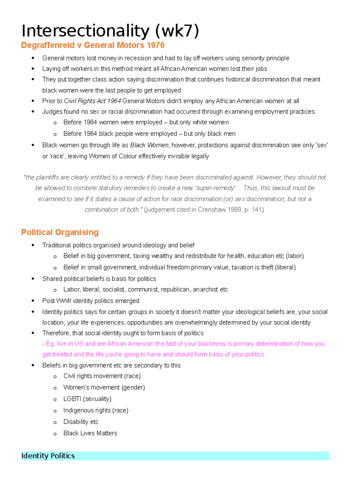 Intersectionality and Identity Politics (wk7) - Degraffenreid Case ...