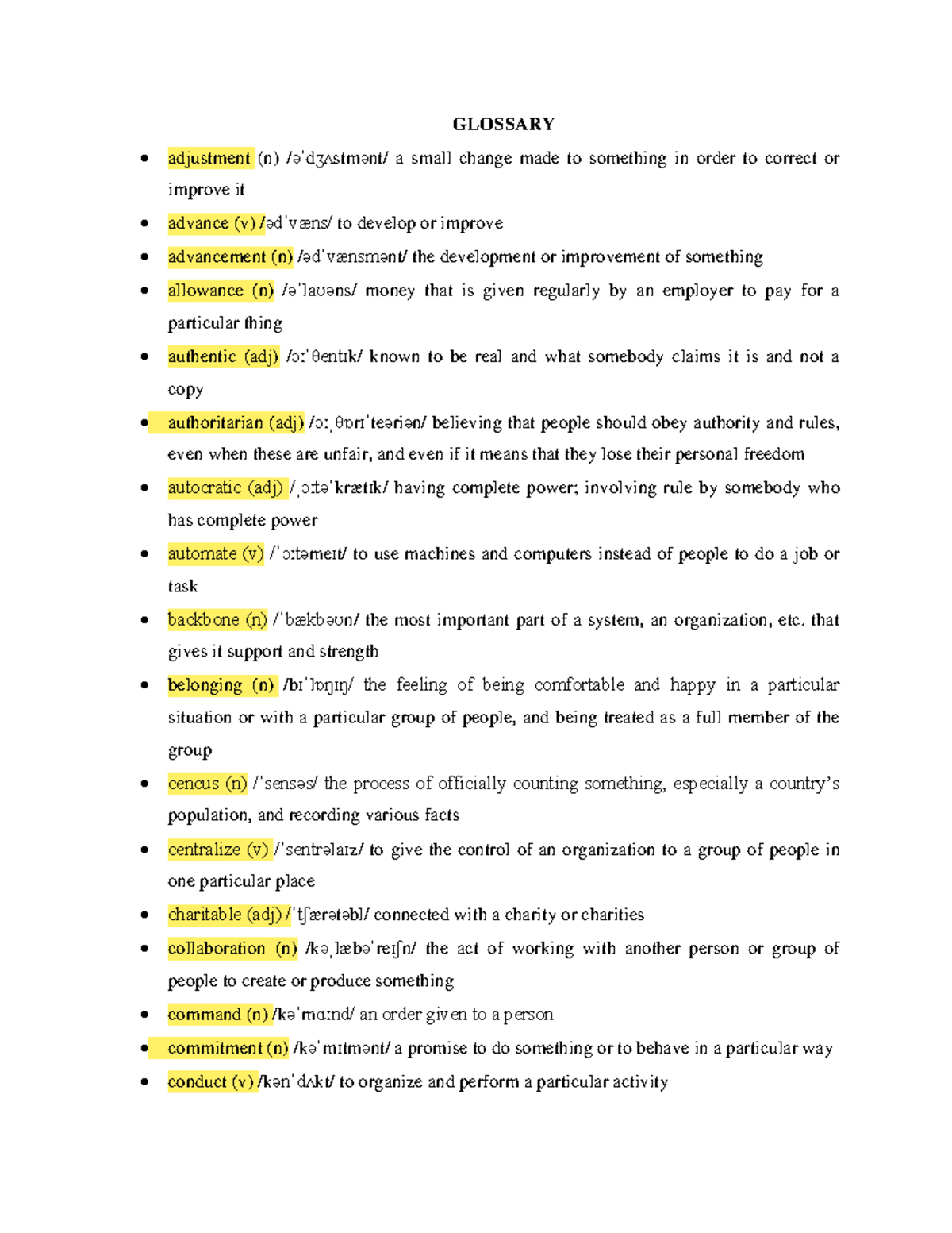 English for Business - M1 (Glossary 1) Terms and Definitions - Studocu